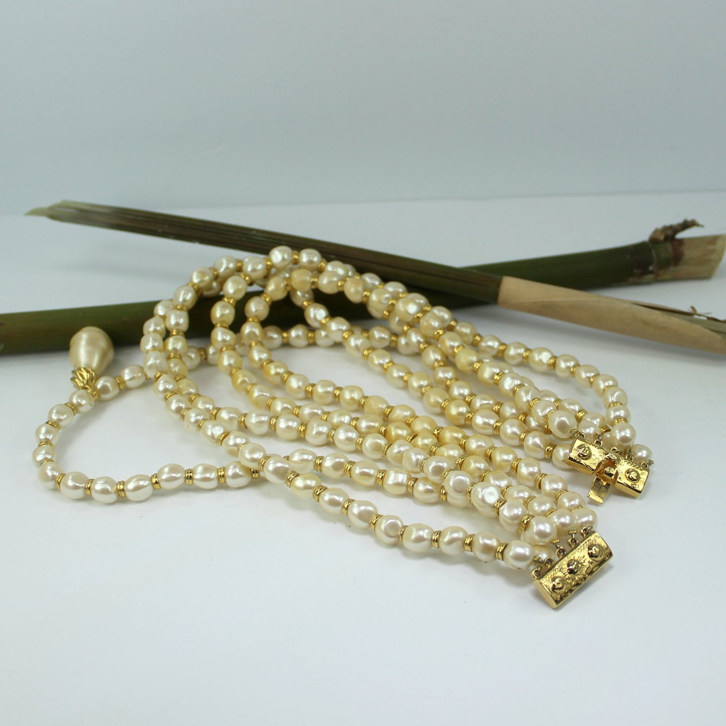 Fantastic Runway 5 Strand Baroque Faux Pearl With Teardrop Dangle Necklace Special Price table view open clasp