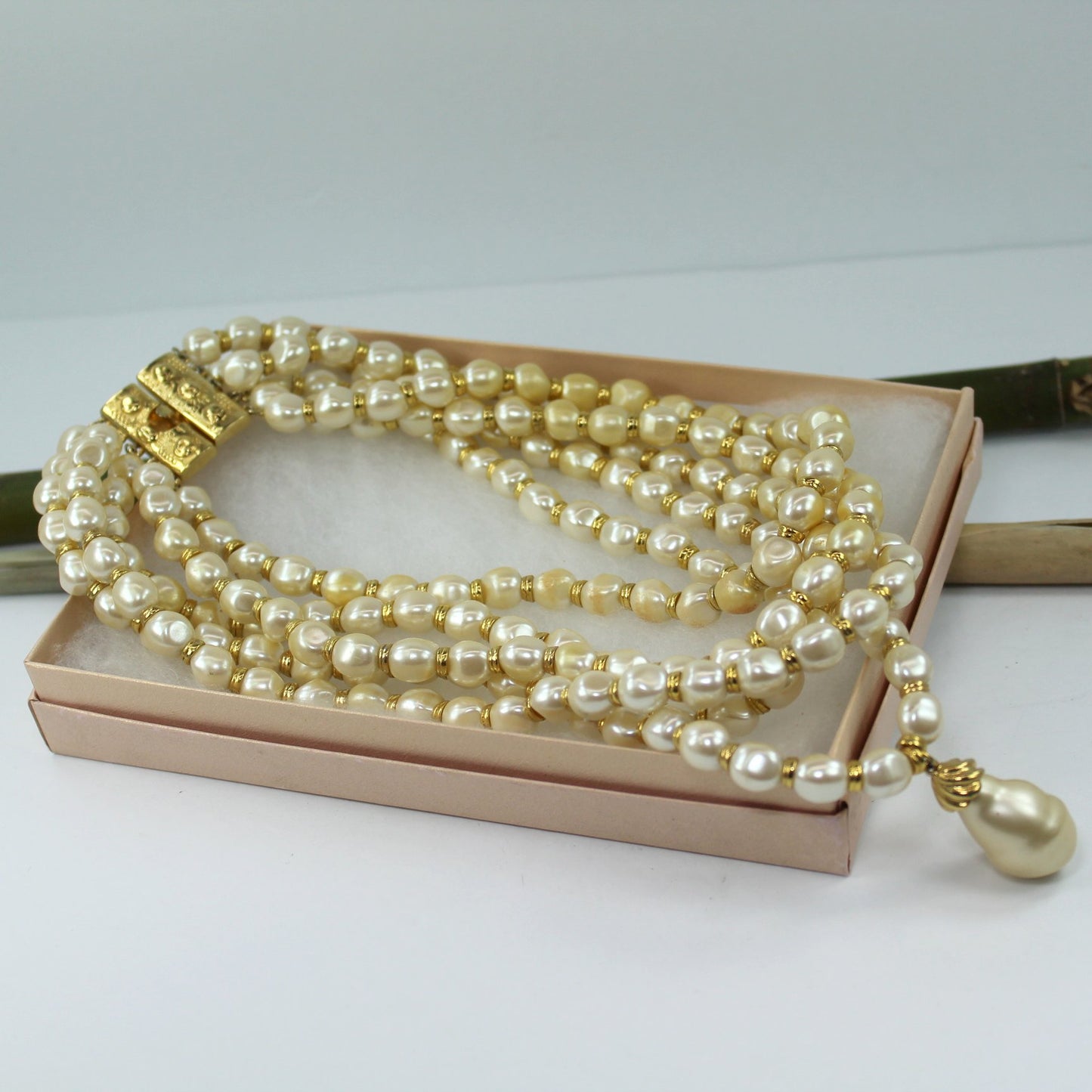 Fantastic Runway 5 Strand Baroque Faux Pearl With Teardrop Dangle Necklace Special Price other view size