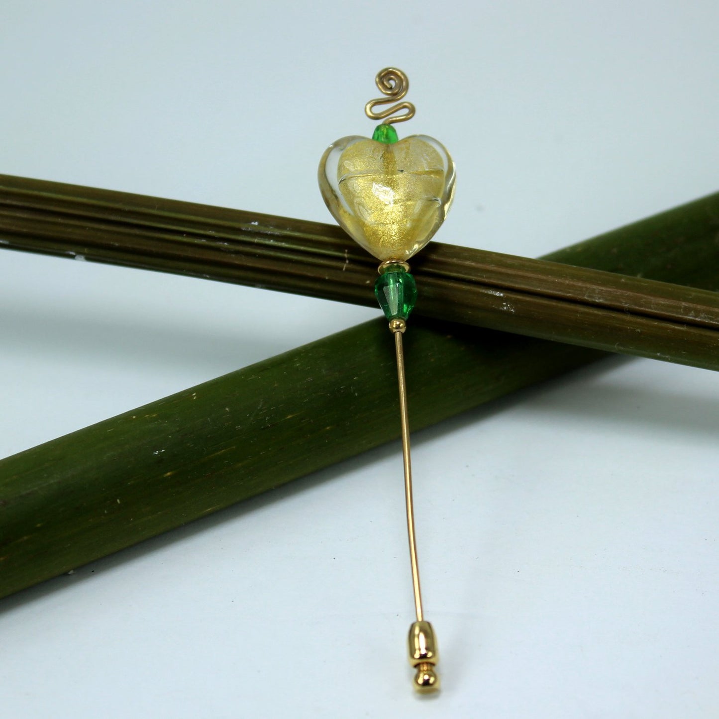Art Glass Stick Pin Hat Pin Heart Shape Glass Green Beads