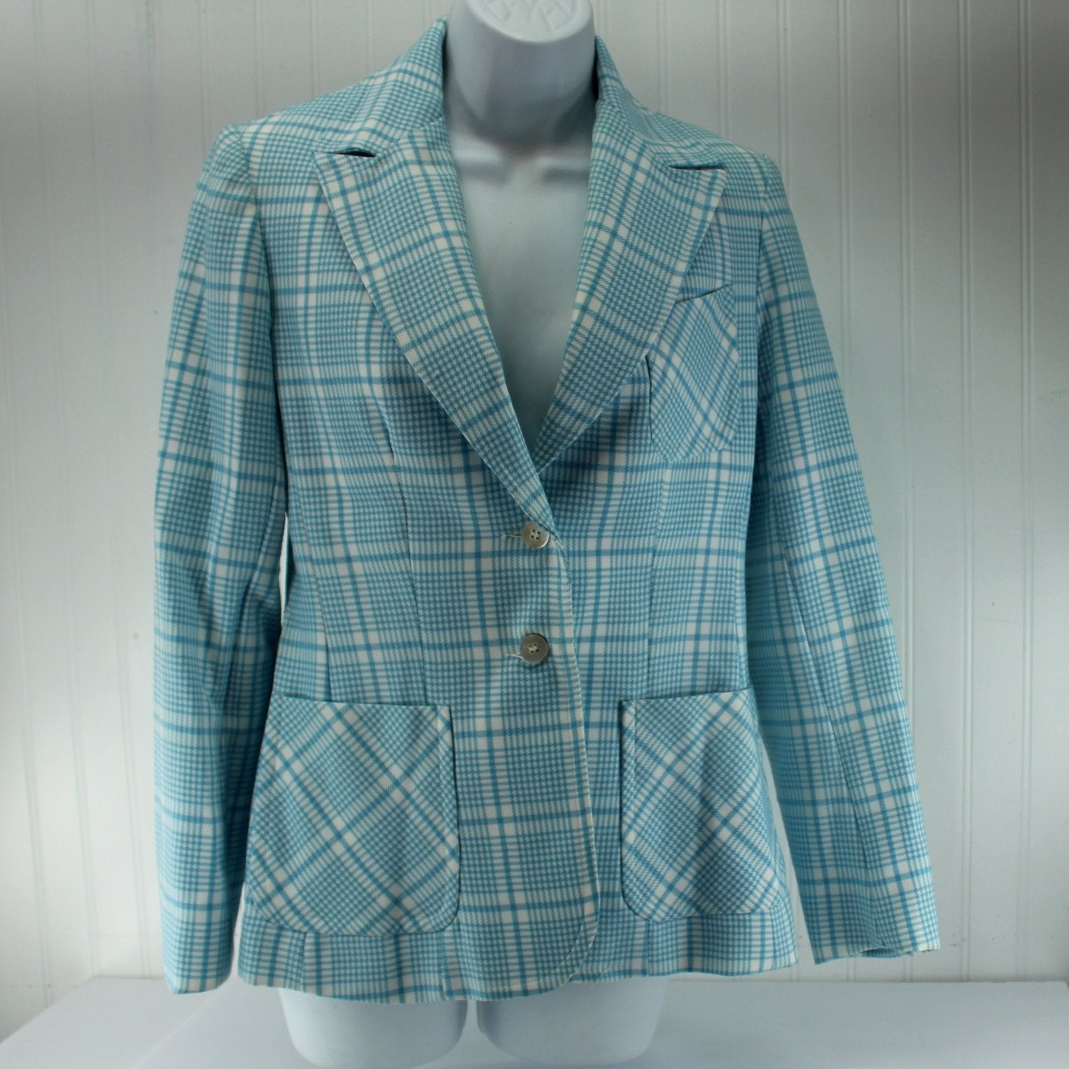 Evan Picone 1970s Blazer Jacket Blue White Plaid Hand Wash