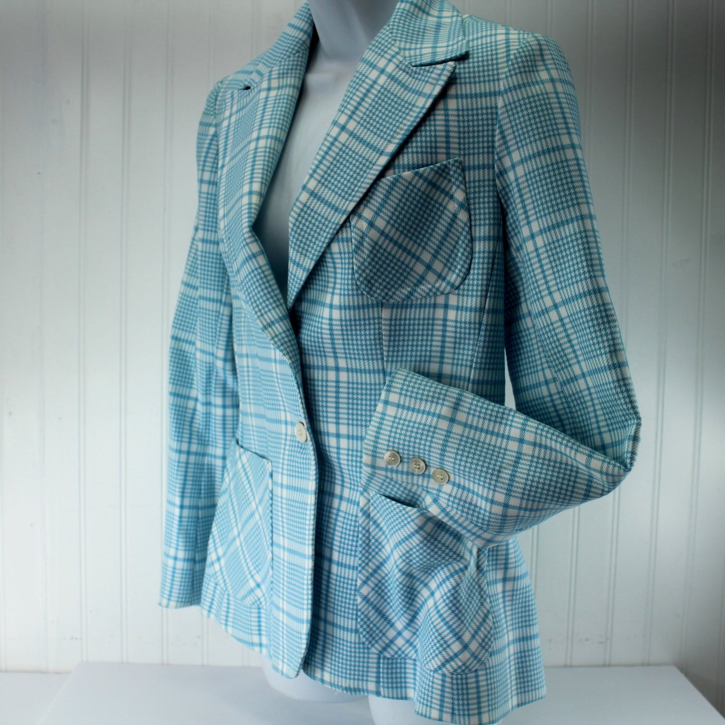 Evan Picone 1970s Blazer Jacket Blue White Plaid Hand Wash side pocket button detail