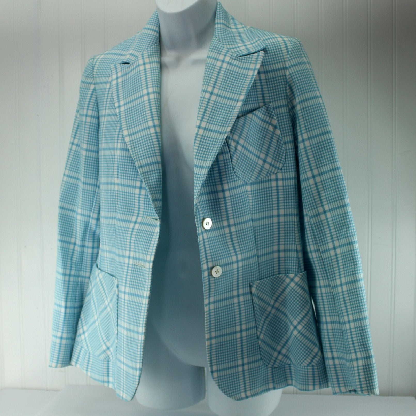 Evan Picone 1970s Blazer Jacket Blue White Plaid Hand Wash open view