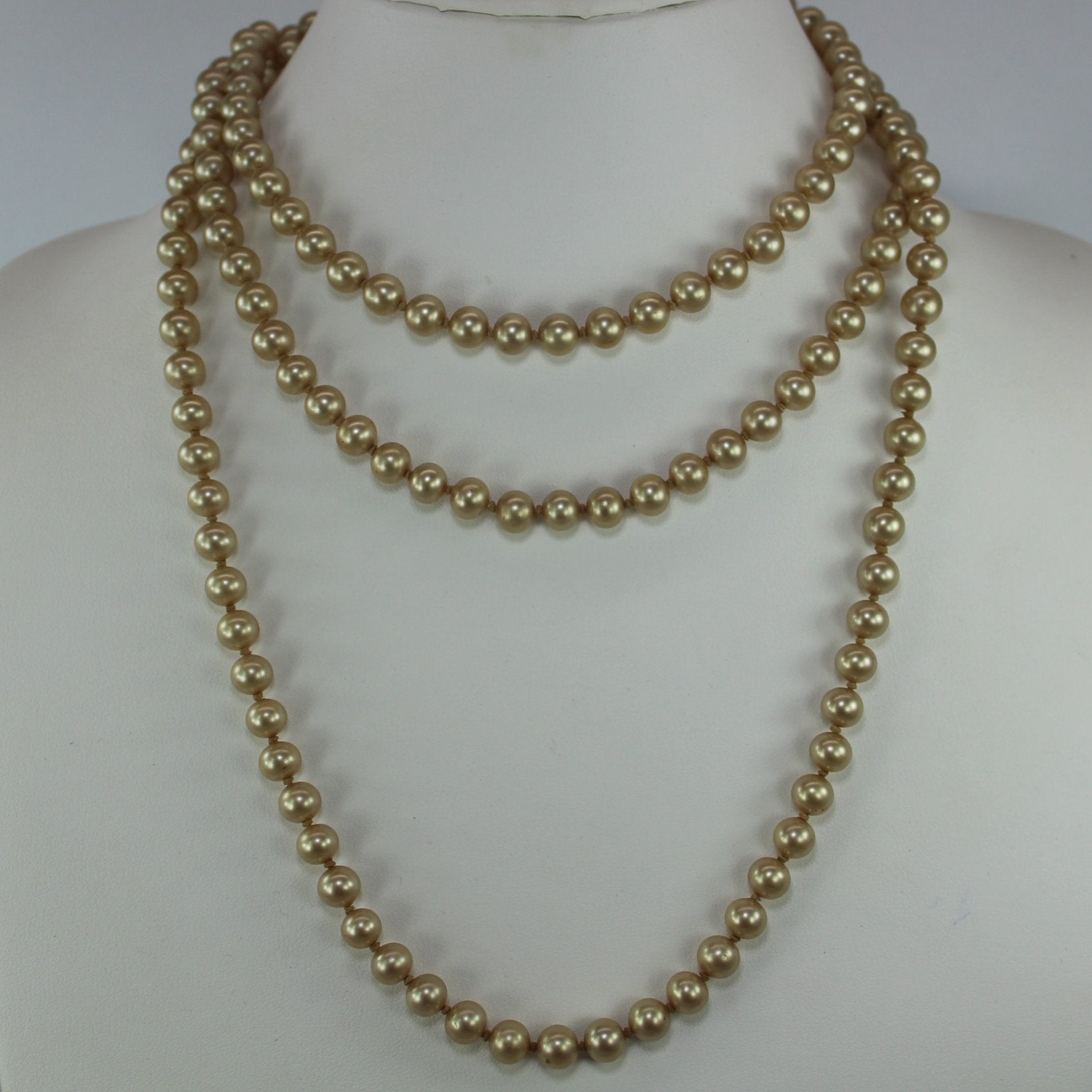 Rope Length 57" Necklace Faux Champagne Pearls Individually Knotted Vintage 3 x wrap