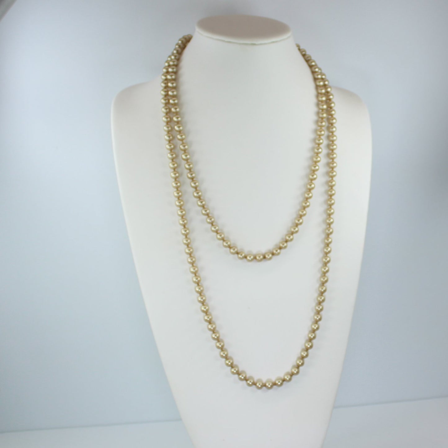 Rope Length 57" Necklace Faux Champagne Pearls Individually Knotted Vintage 2 x wrap on neck