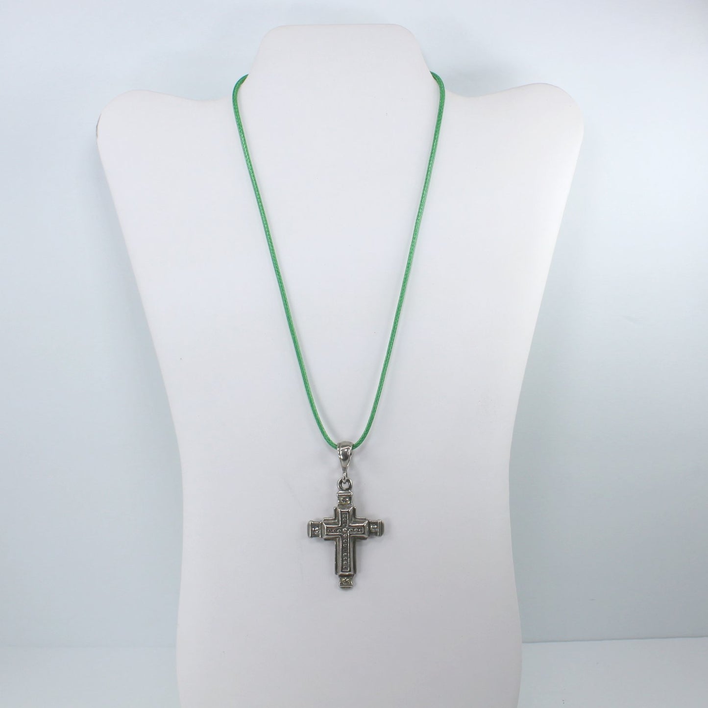 Large Silver Metal Cross Dimensional Cross on Cross Rhinestone Decorated full view as on neck