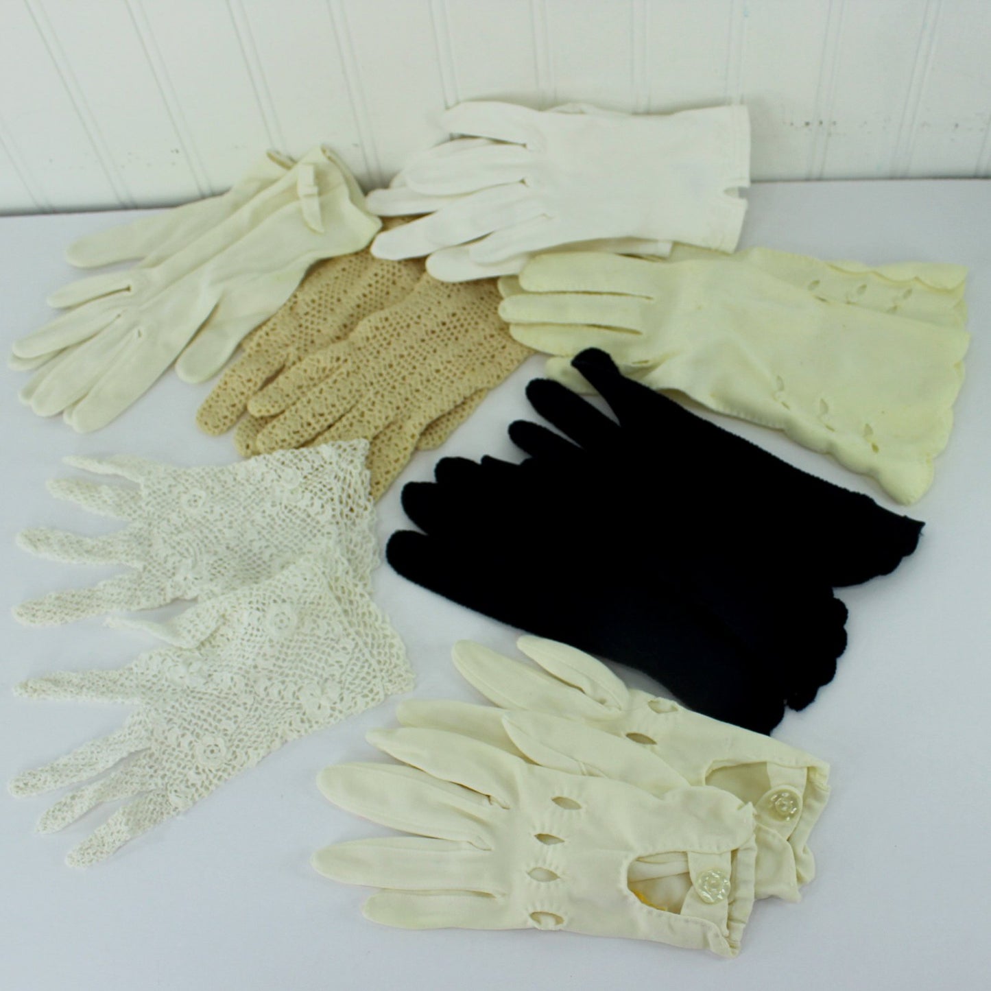 Lot 7 Pairs Vintage Mid Century Gloves Fabric Crochet Lace