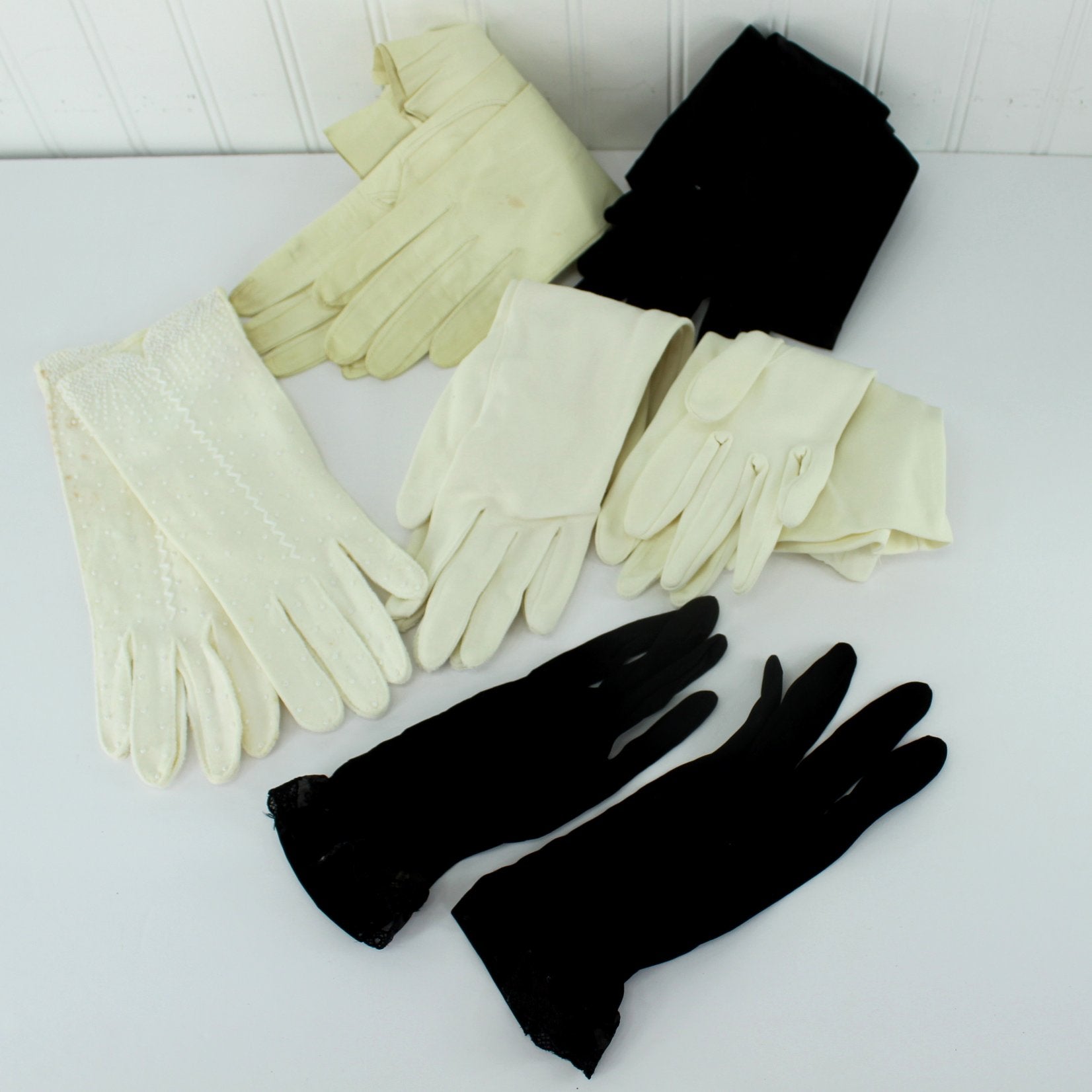 Lot 6 Pairs Vintage Mid Centry Formal Party Gloves Kid Fabric Bead Hong Kong all