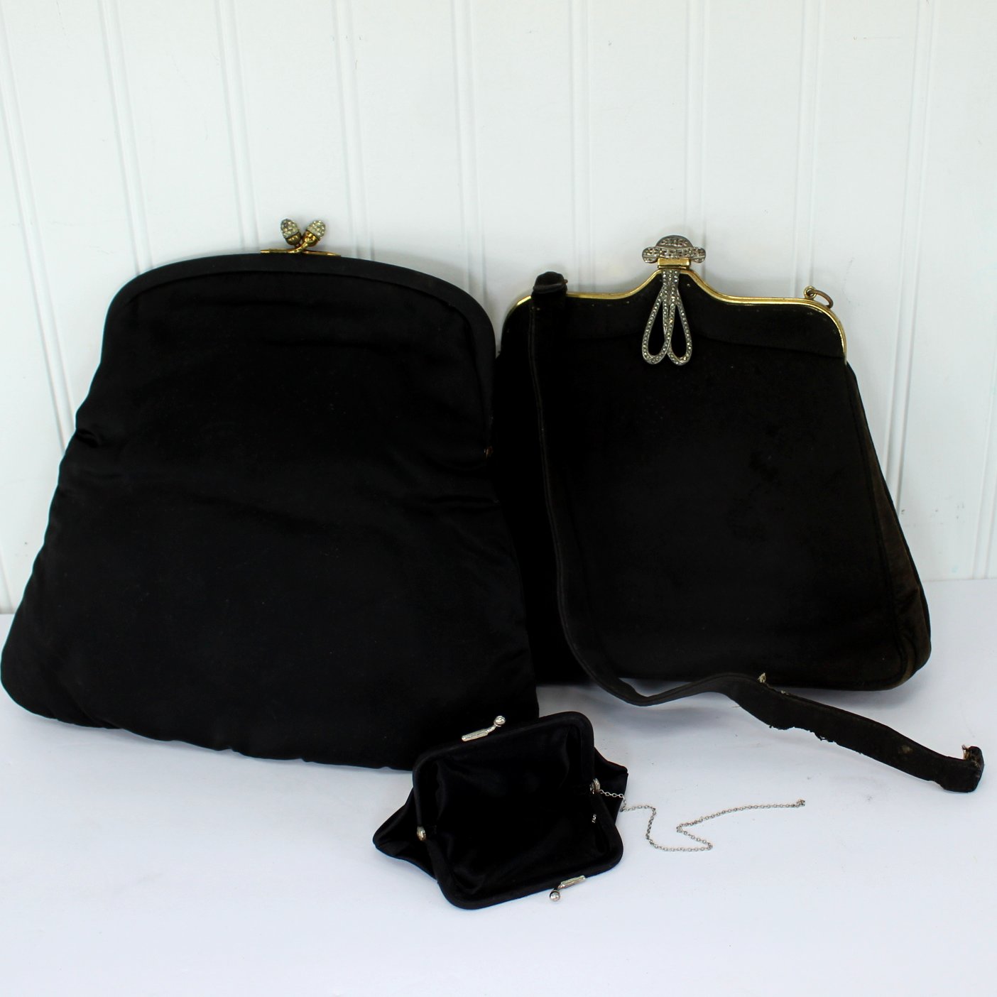 Pair Vintage Black Formal Purse Handbag Repurpose DIY Marcasite RS parts DIY