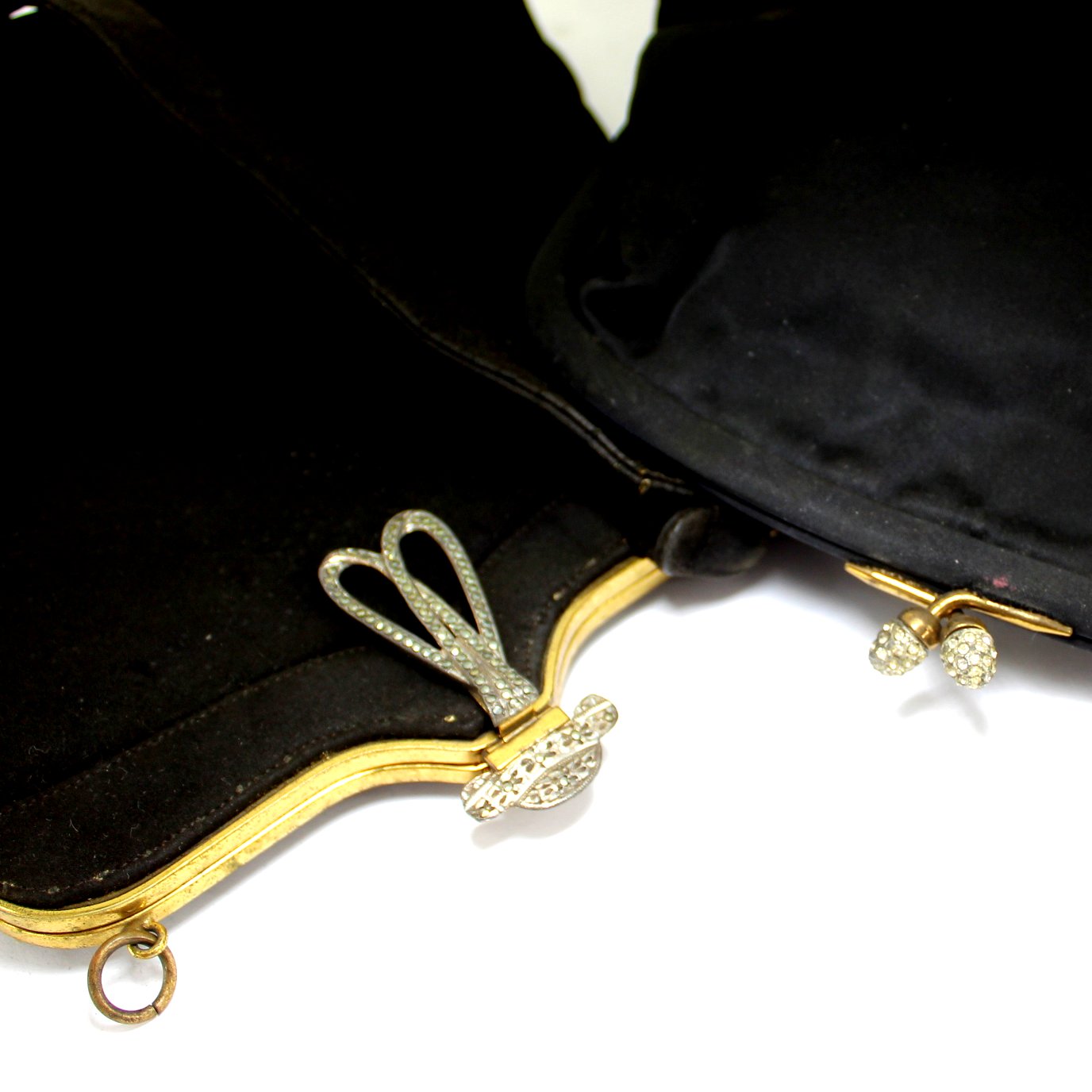 Pair Vintage Black Formal Purse Handbag Repurpose DIY Marcasite RS closeup frame fasteners
