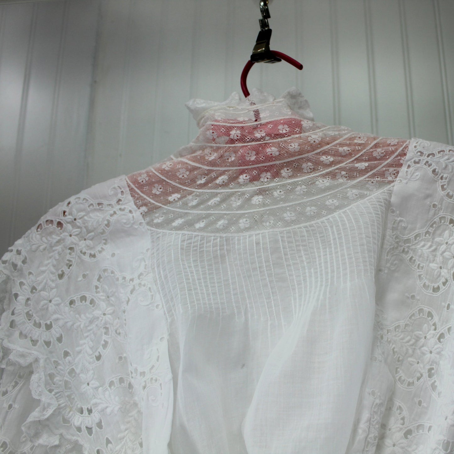 Victorian Exquisite Bodice Blouse Lace Eyelet High Collar DIY Collectible closeup tucks lace eyelet