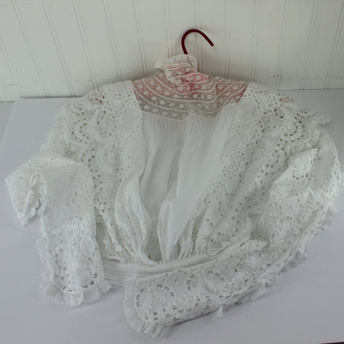 Victorian Exquisite Bodice Blouse Lace Eyelet High Collar DIY Collectible table flat view