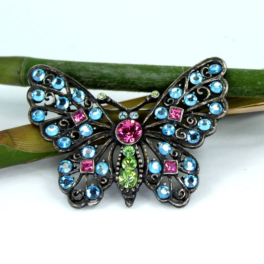 Brilliant Crystal Butterfly Pin Pewter Finish Blues Green Bright Pink Sparkling