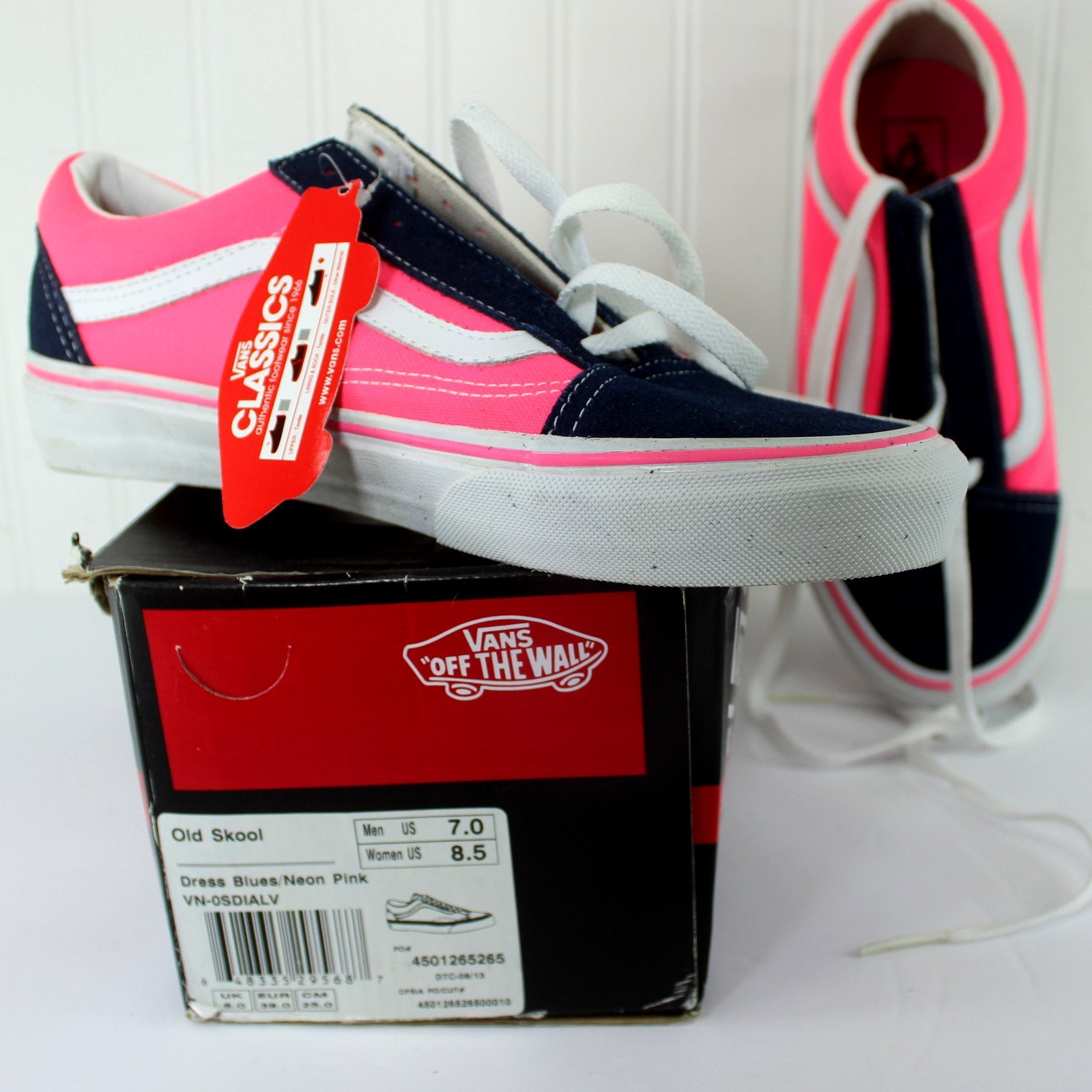 Vans Vintage Old Skool Shoes Off Wall NIB Dress Blues Neon Pink Unisex 7.0 8.5 men women