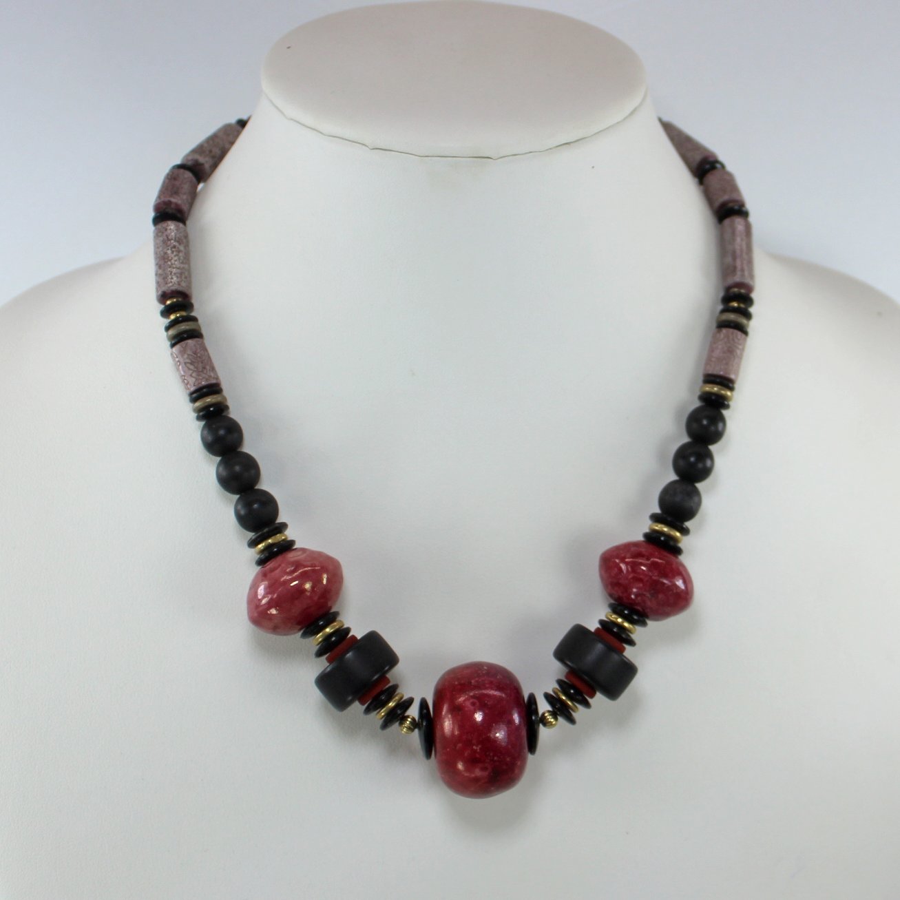 Statement Necklace Outstanding Colors Mauve Raspberry Black Beads Large Round Tube Japan