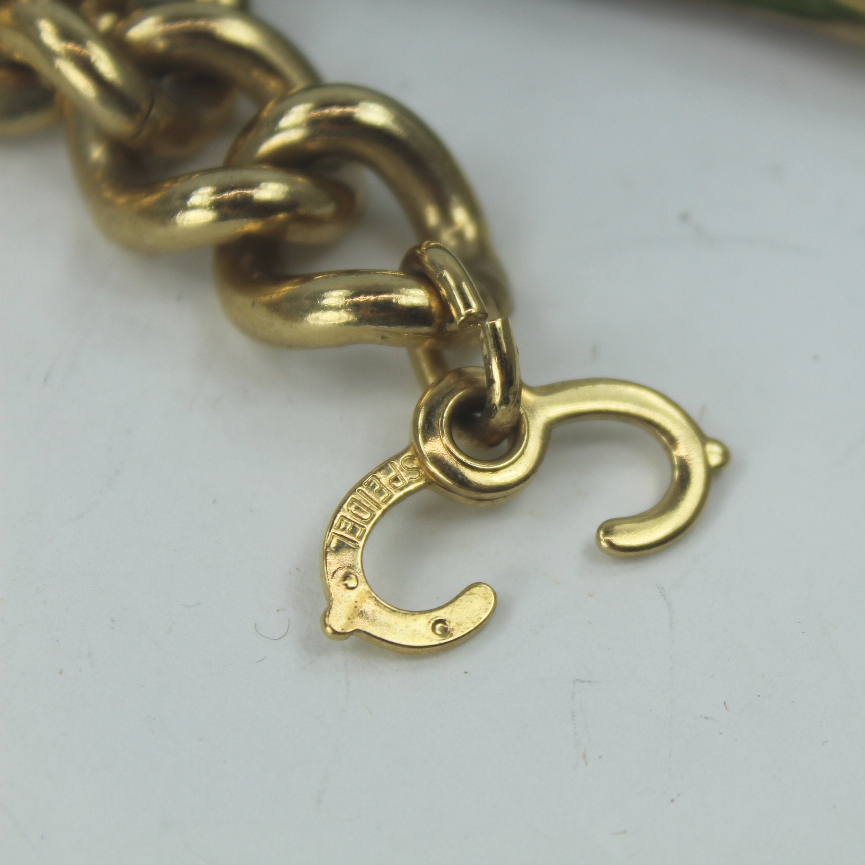 Speidel Vintage Bracelet Curb Link ID Mid Century Very Heavy Gold Metal Blank No Engraving closure closeup and mark maker