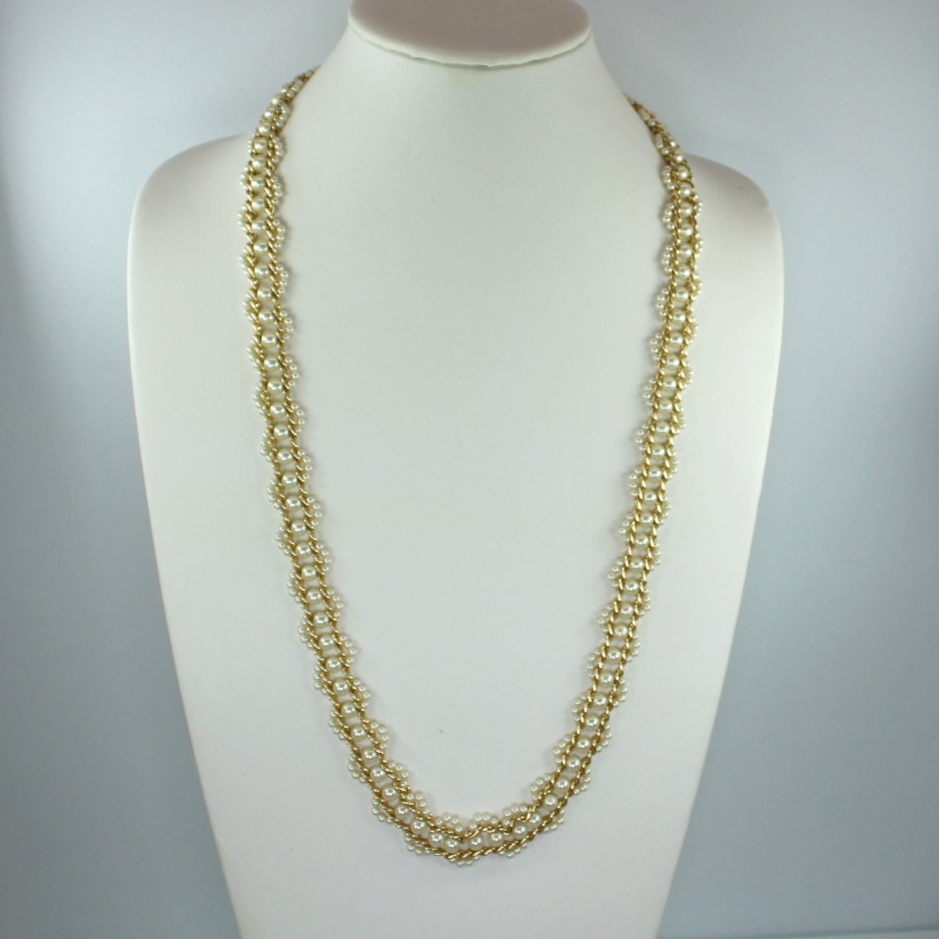 Woven Pearl Gold Tone Link Belt Necklace Hong Kong  Long 46" neck view