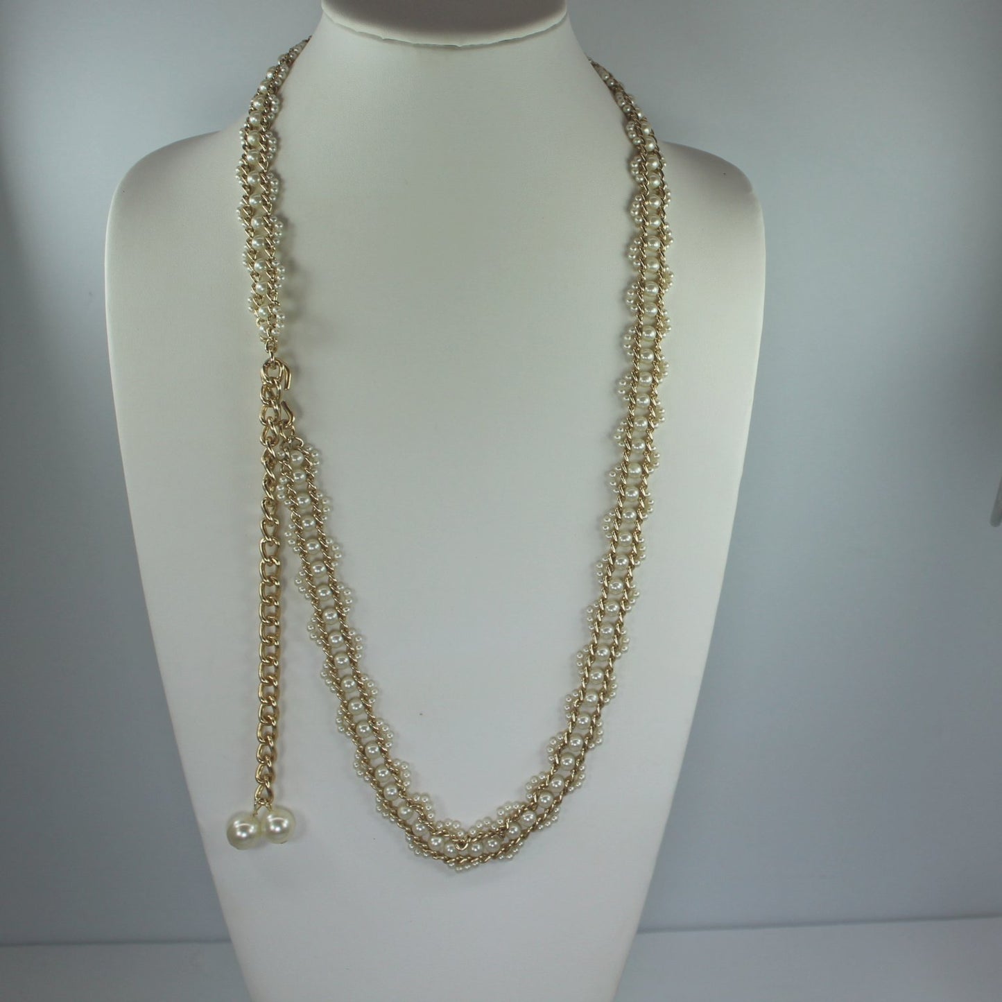 Woven Pearl Gold Tone Link Belt Necklace Hong Kong  Long 46"