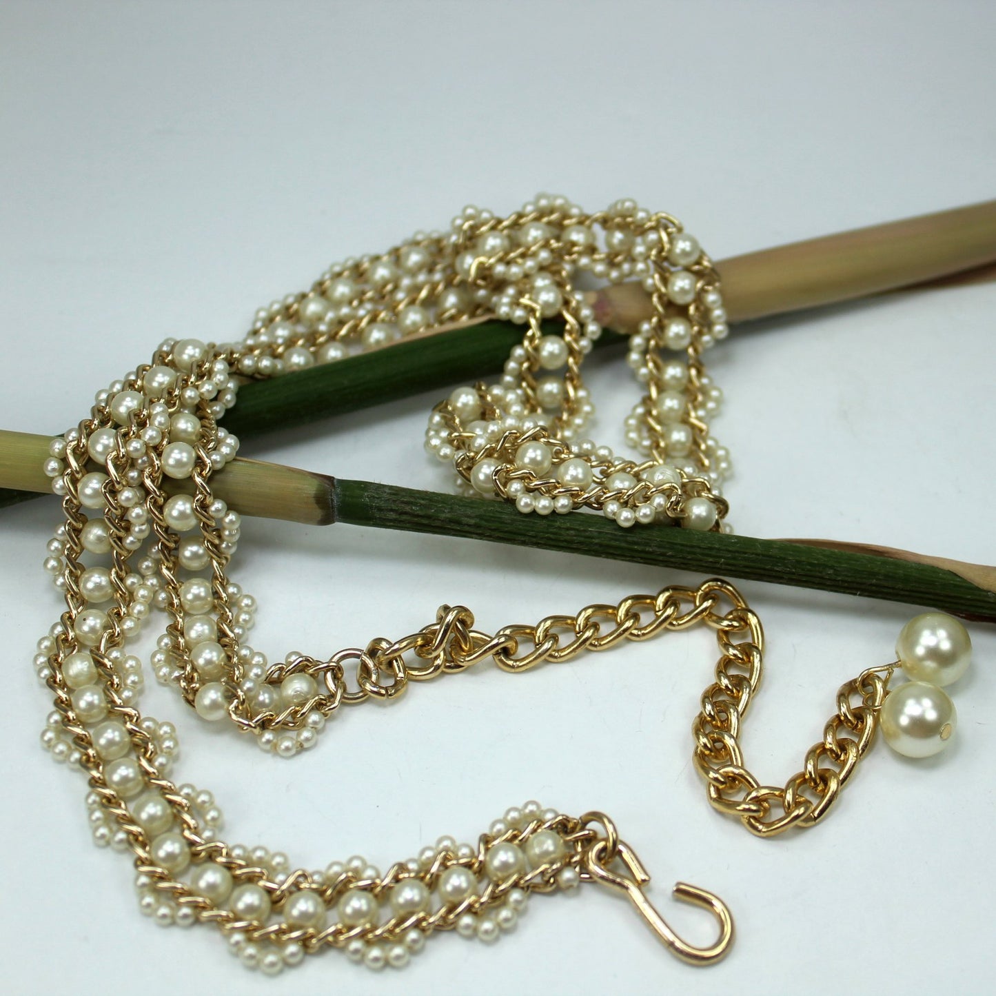 Woven Pearl Gold Tone Link Belt Necklace Hong Kong  Long 46" table view flat