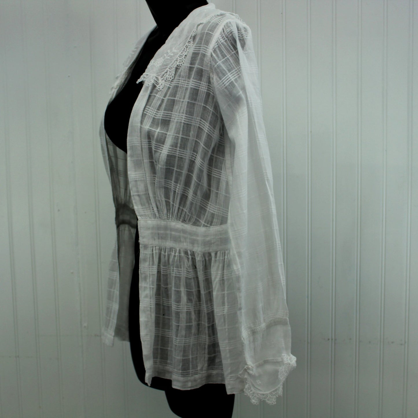 Victorian Edwardian Summer Jacket Windowpane Lawn Large Lace Collar side view