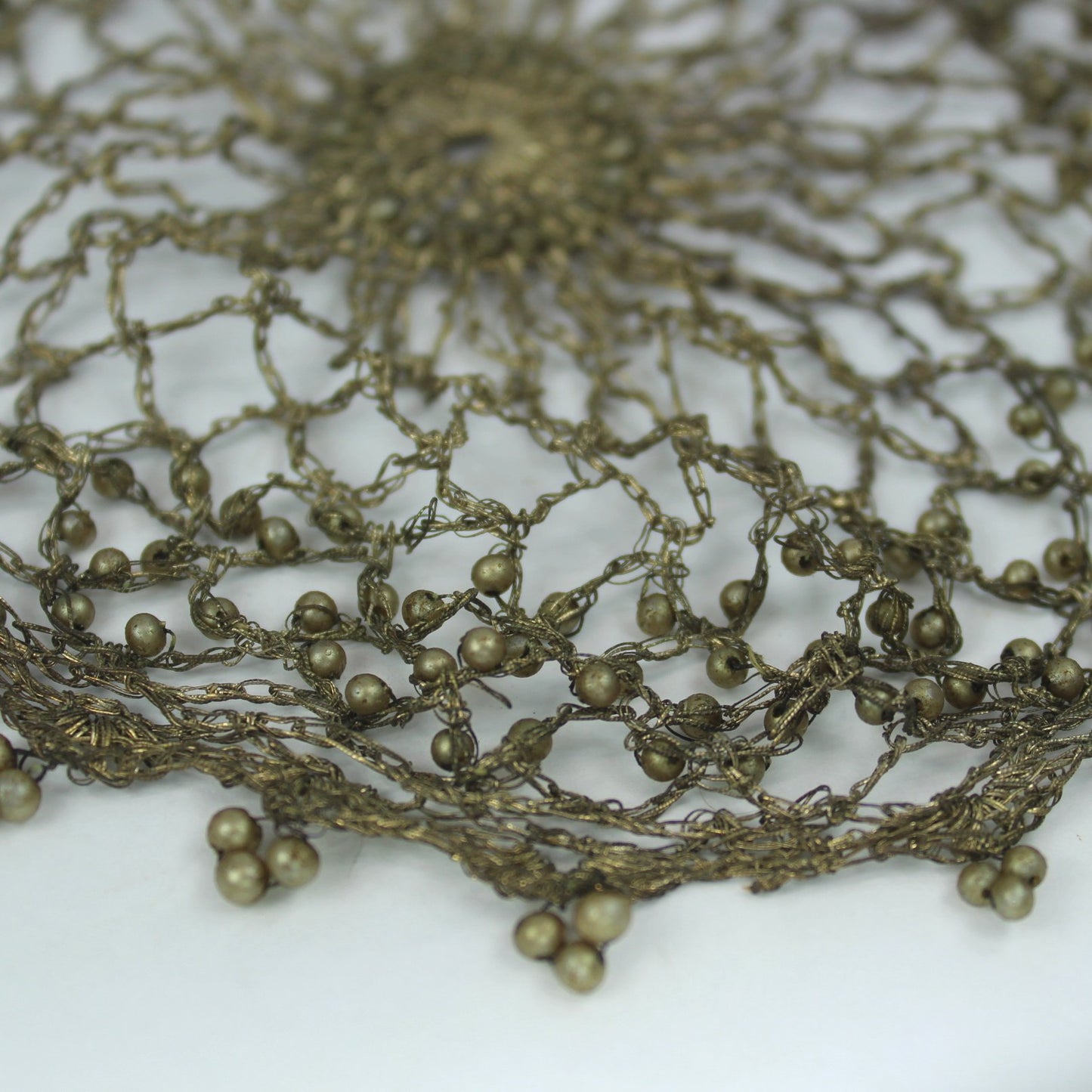 Exquisite Victorian Hair Chignon Snood Crochet Metallic Thread Pearls Rosewood Box closeup of crochet