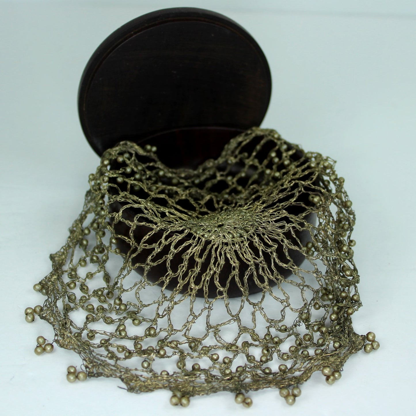 Exquisite Victorian Hair Chignon Snood Crochet Metallic Thread Pearls Rosewood Box soft flexible