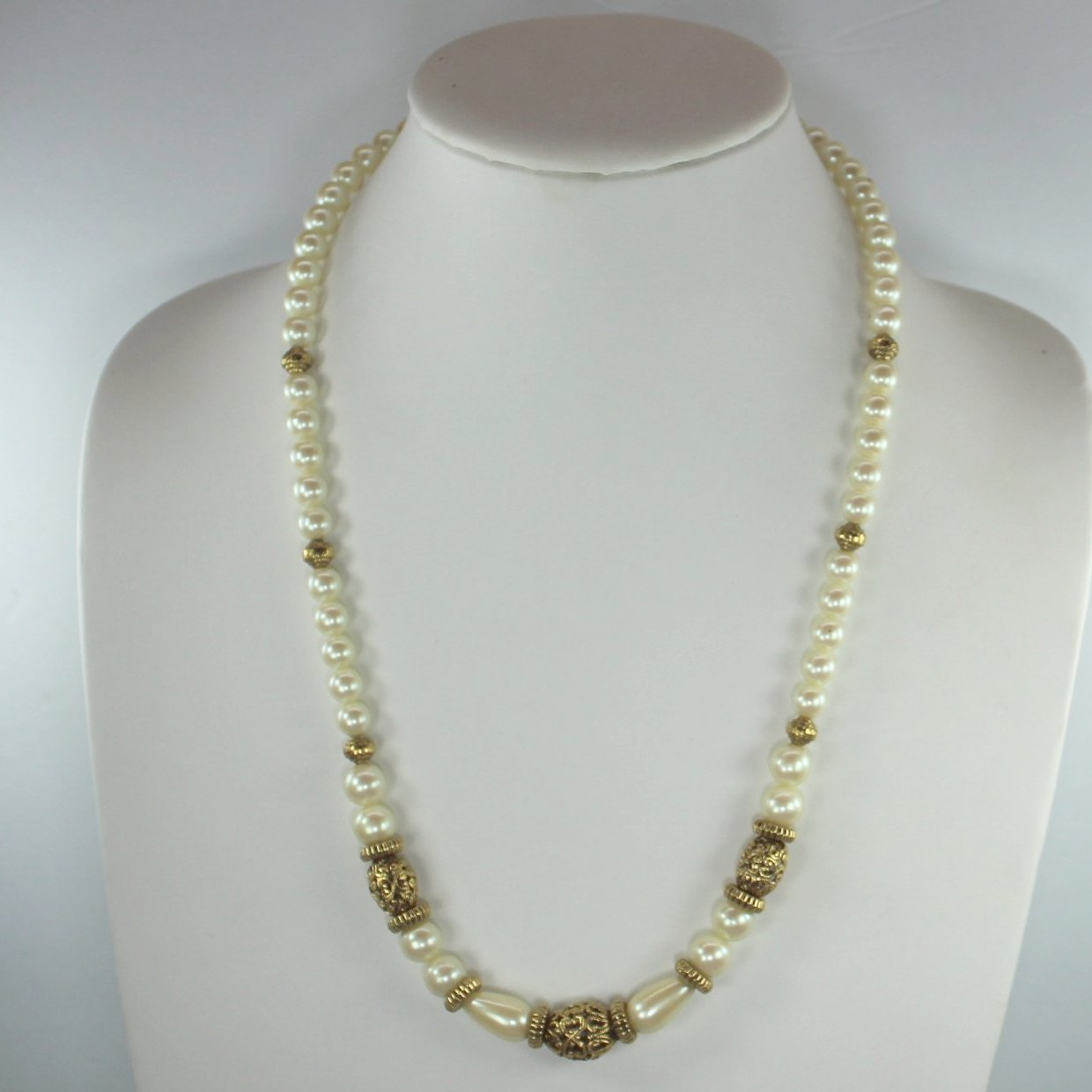 Classic But Bettter 1928 Brand Necklace Goldtone Filigree Pearls 24" neck view