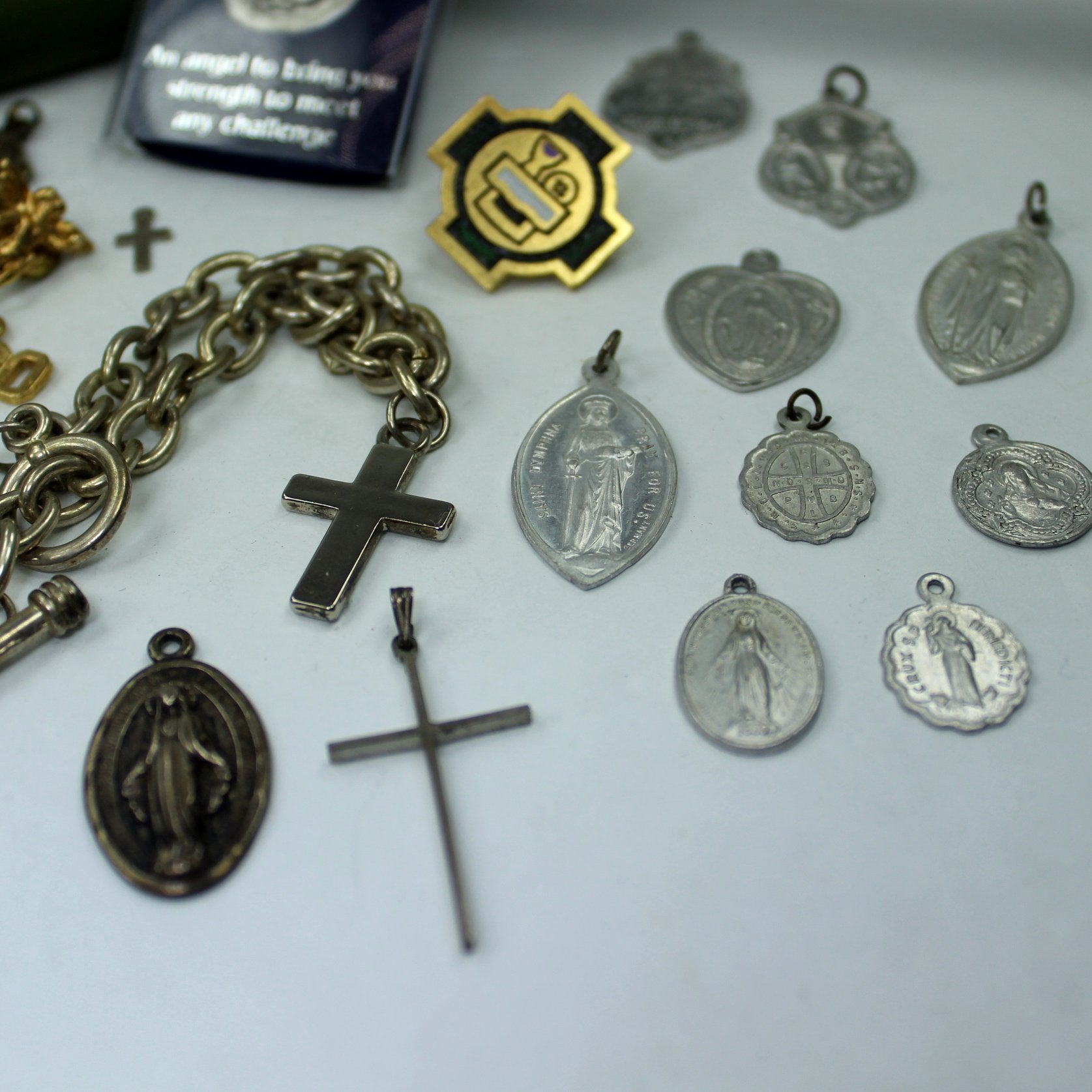Collection 23 Religion Medals Crosses Wear DIY Jewelry Collage Repurpose closeup view medals