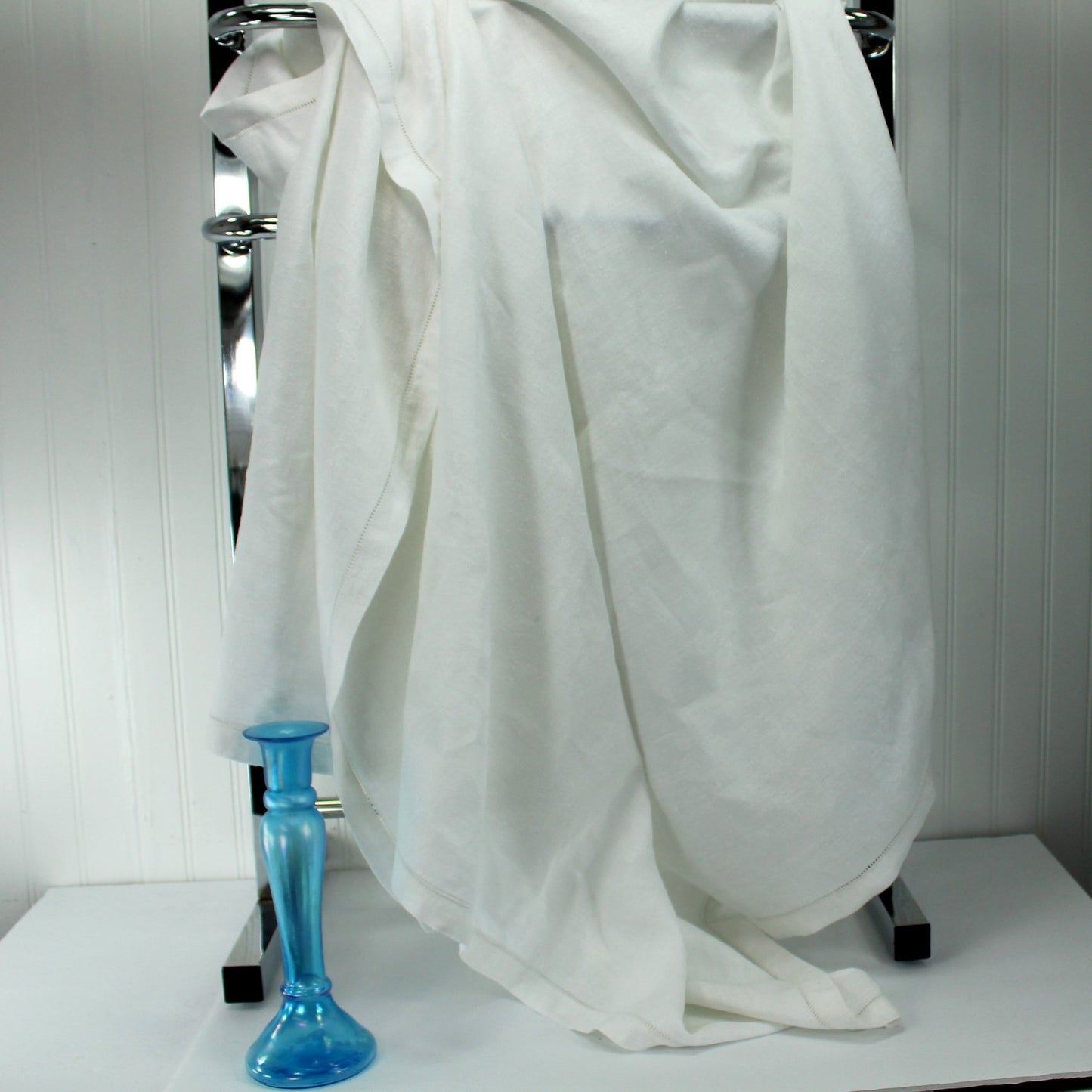 Heavy White Cotton Damask Tablecloth Fleur de Lis and Clover Design 55" X 66