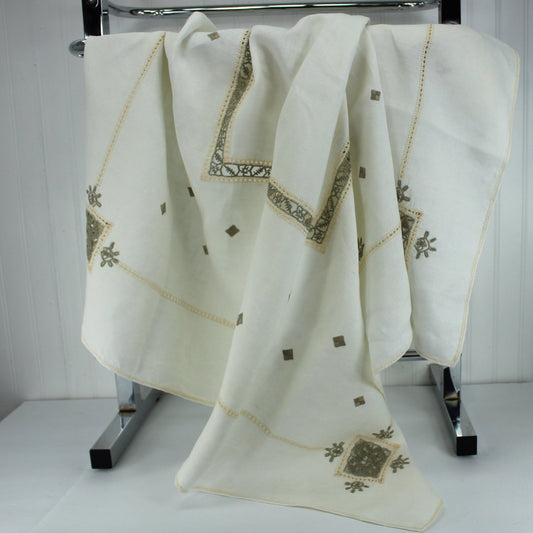 Elegant Vintage Embroidered Tablecloth Heavy Off White Linen Open Work Hand Stitch Edges