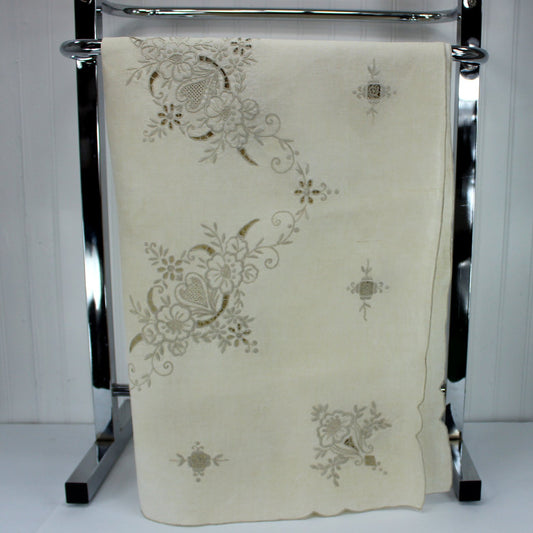 Natural Color Small Tablecloth Linen Embroidered Scallop Edge Open Lattice Work