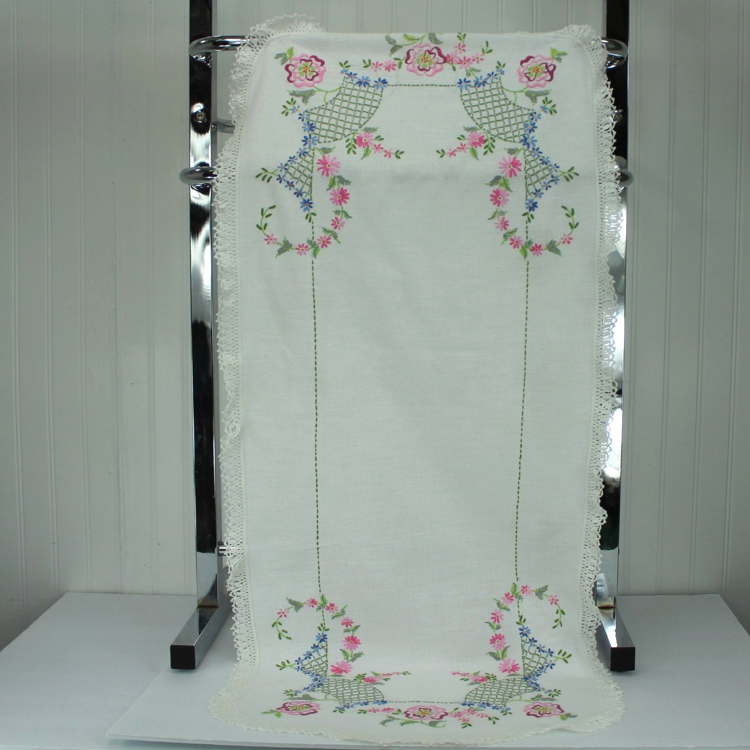 Lace Embroidery Table Runner Shawl White Heavy Cotton Pastel Hand Work