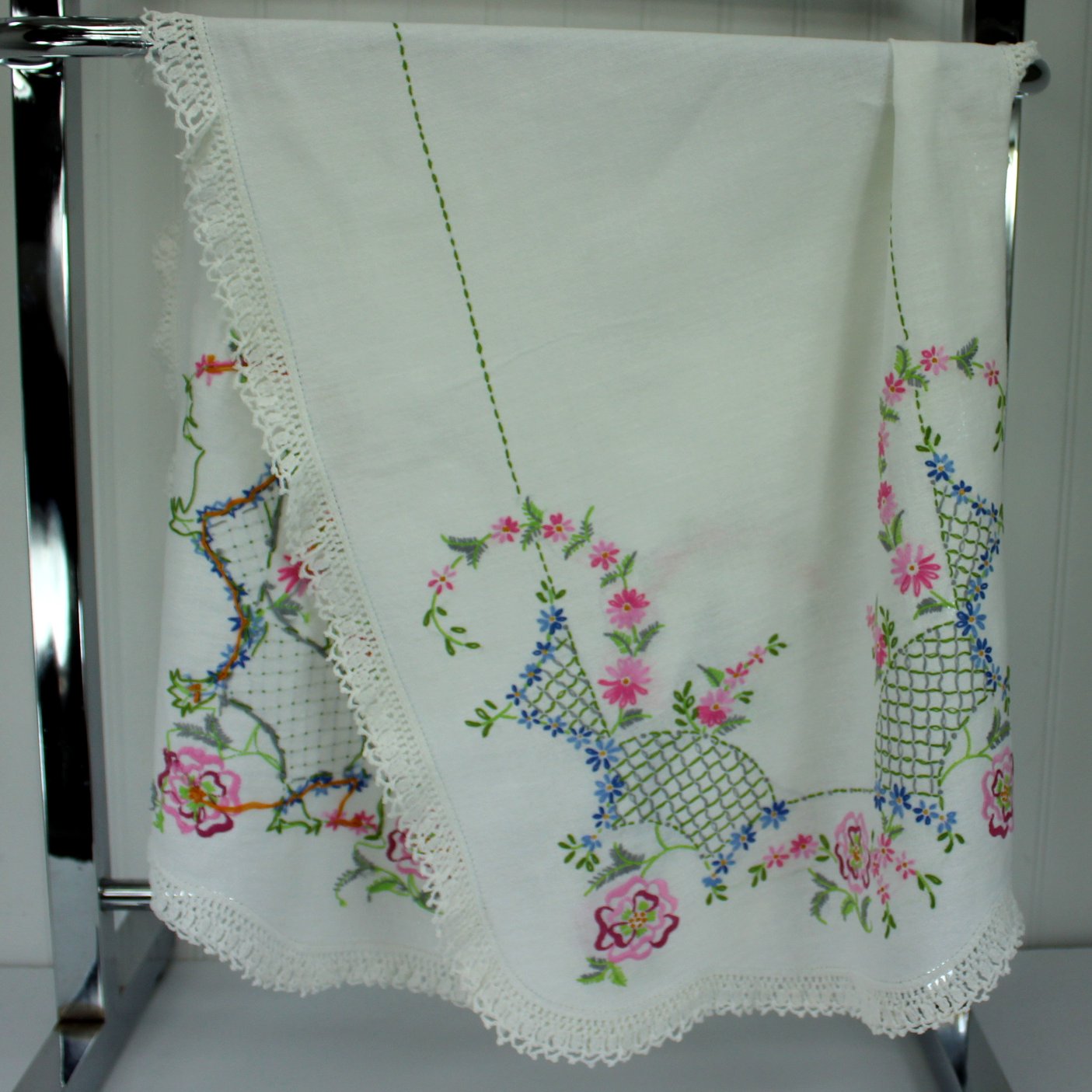 Lace Embroidery Table Runner Shawl White Heavy Cotton Pastel Hand Work front and back of hand work