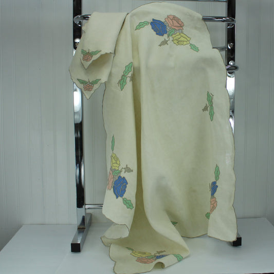 Small Vintage Tablecloth 2 Napkins Off White Linen Pastel Floral Applique