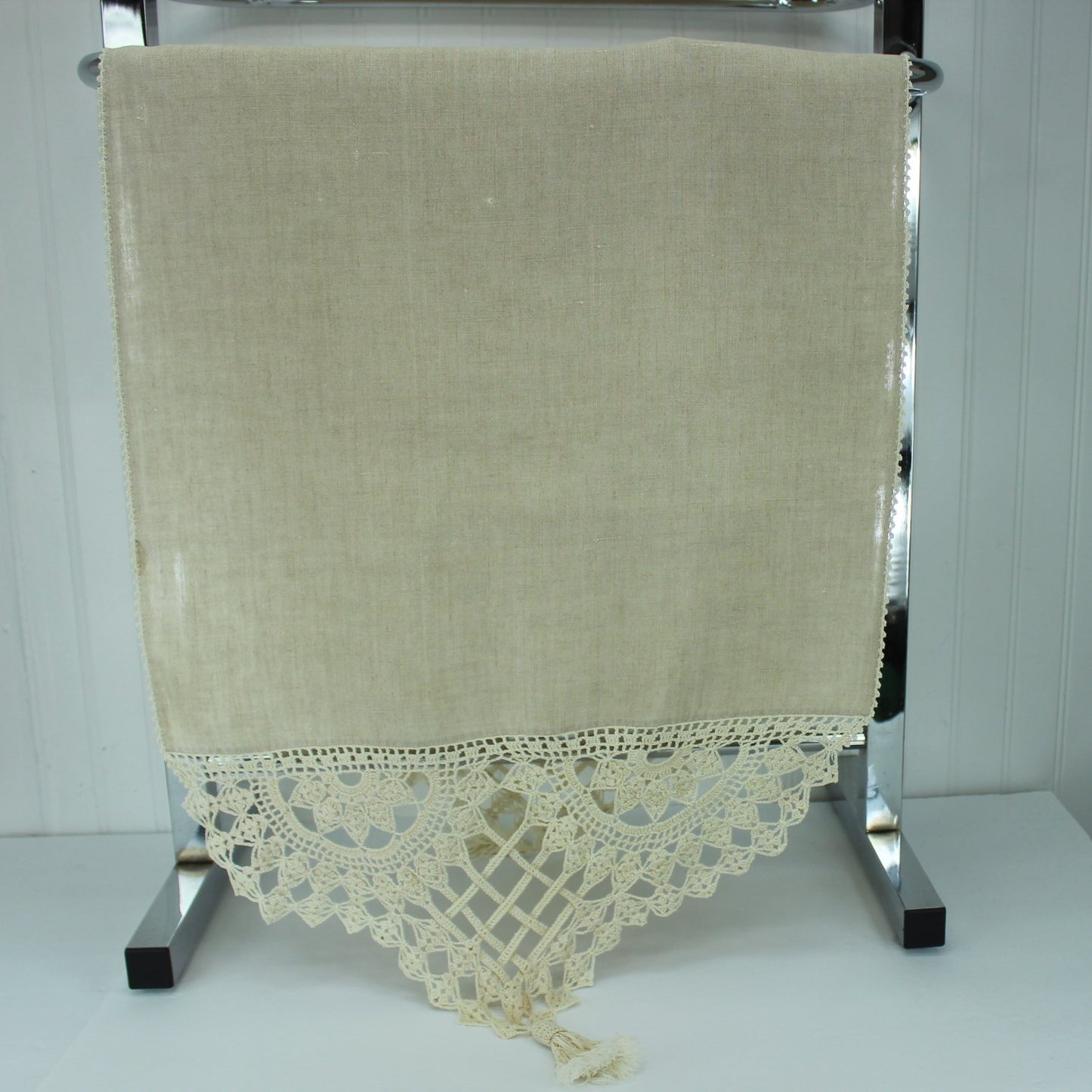 Long Antique Tassel Table Runner Natural Linen Lattice Work Crochet Great for Shawl Too
