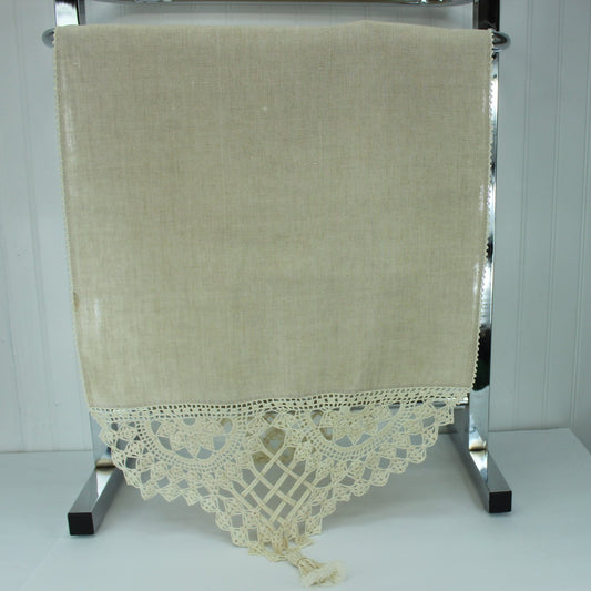 Long Antique Tassel Table Runner Natural Linen Lattice Work Crochet Great for Shawl Too