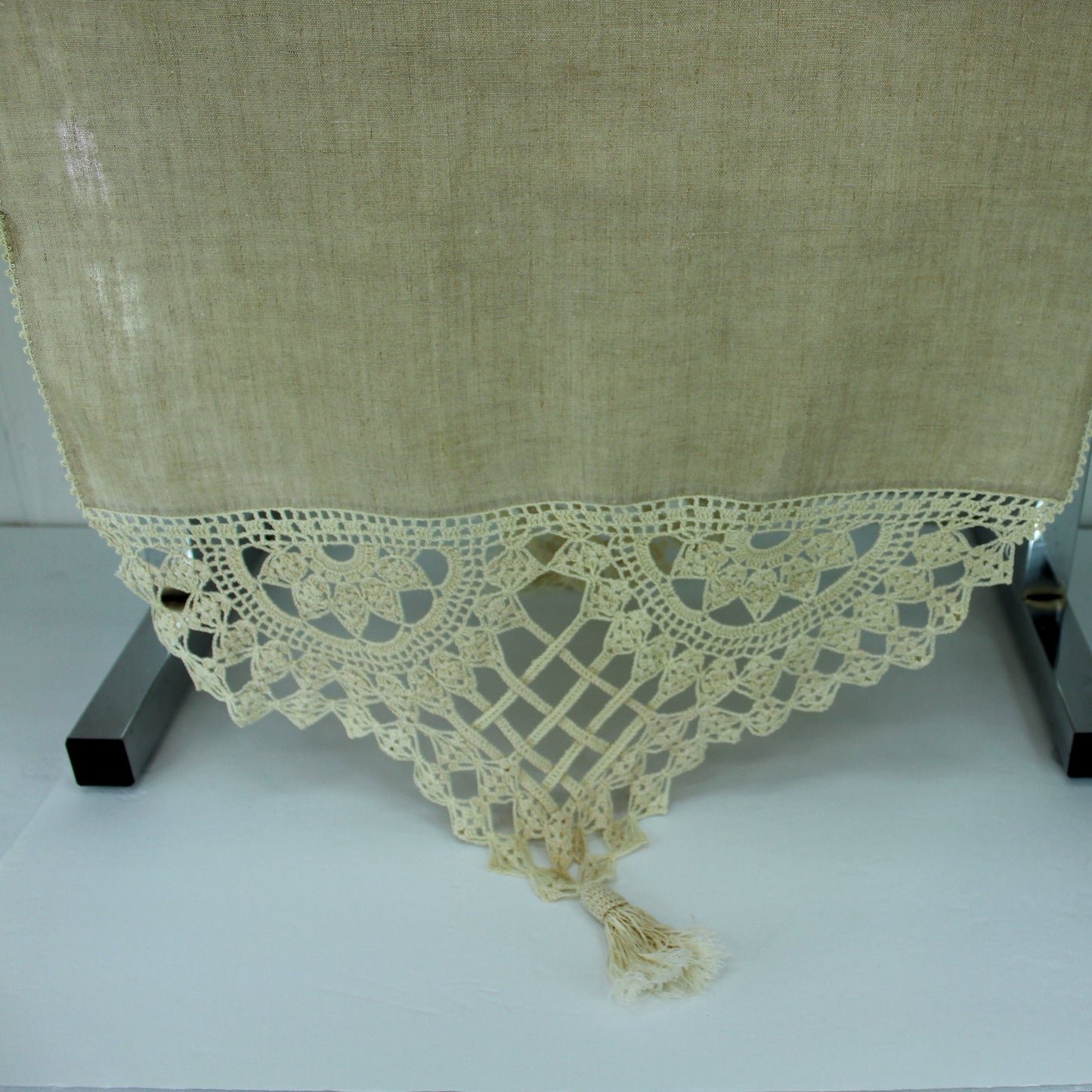 Long Antique Tassel Table Runner Natural Linen Lattice Work Crochet Great for Shawl Too closeup each end