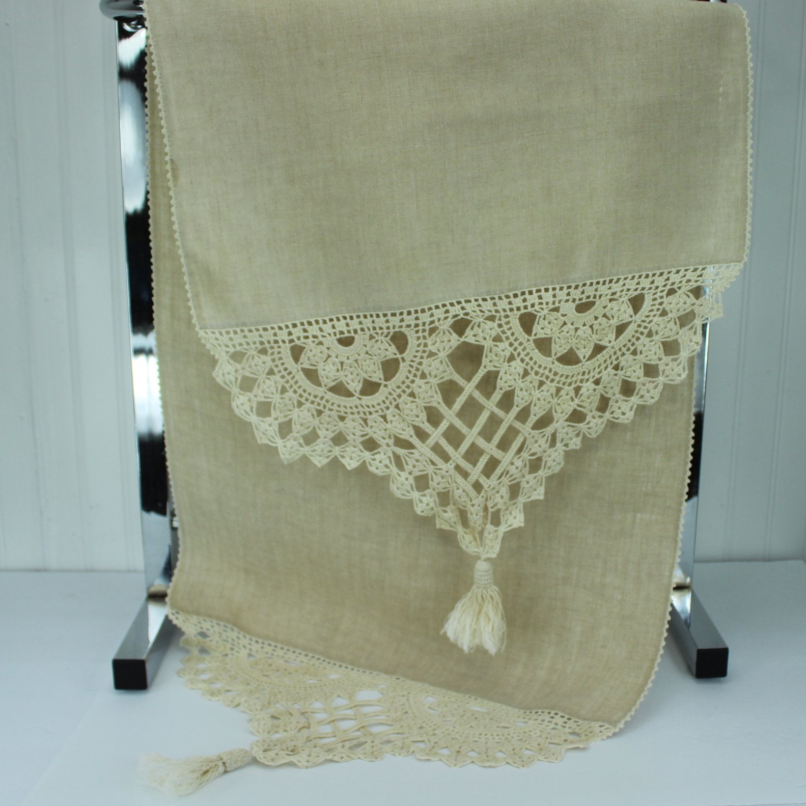 Long Antique Tassel Table Runner Natural Linen Lattice Work Crochet Great for Shawl Too showing both ends