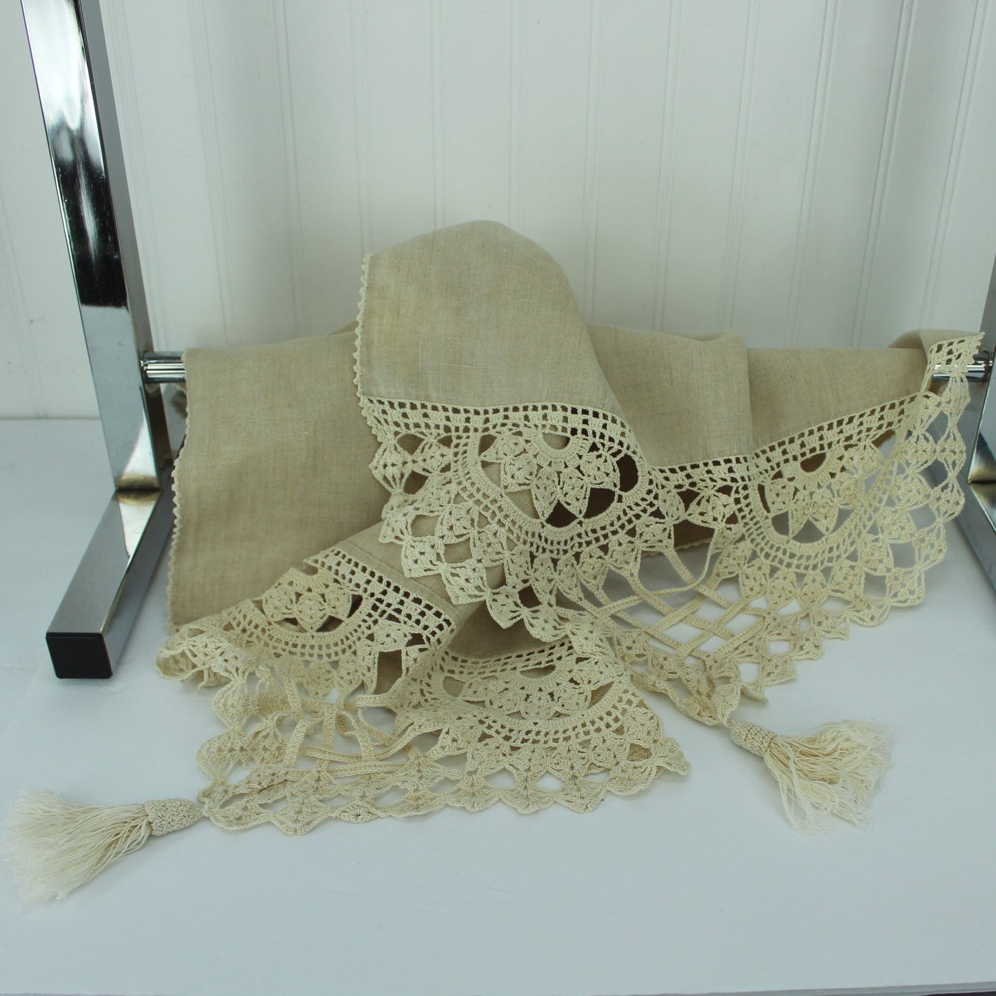 Long Antique Tassel Table Runner Natural Linen Lattice Work Crochet Great for Shawl Too beautiful hand work