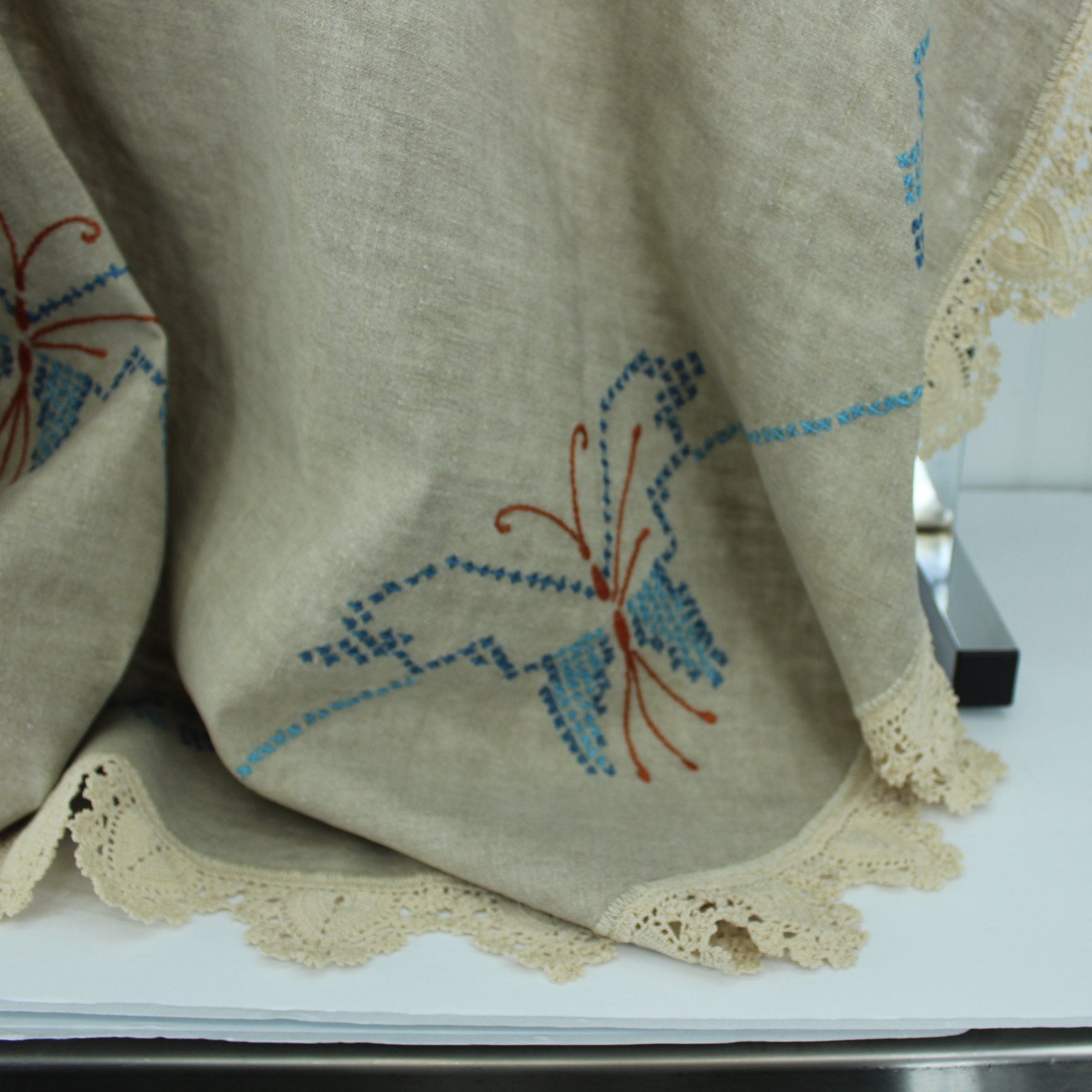 Round Antique Butterfly Tablecloth Cross Stitch Natural Linen closeup
