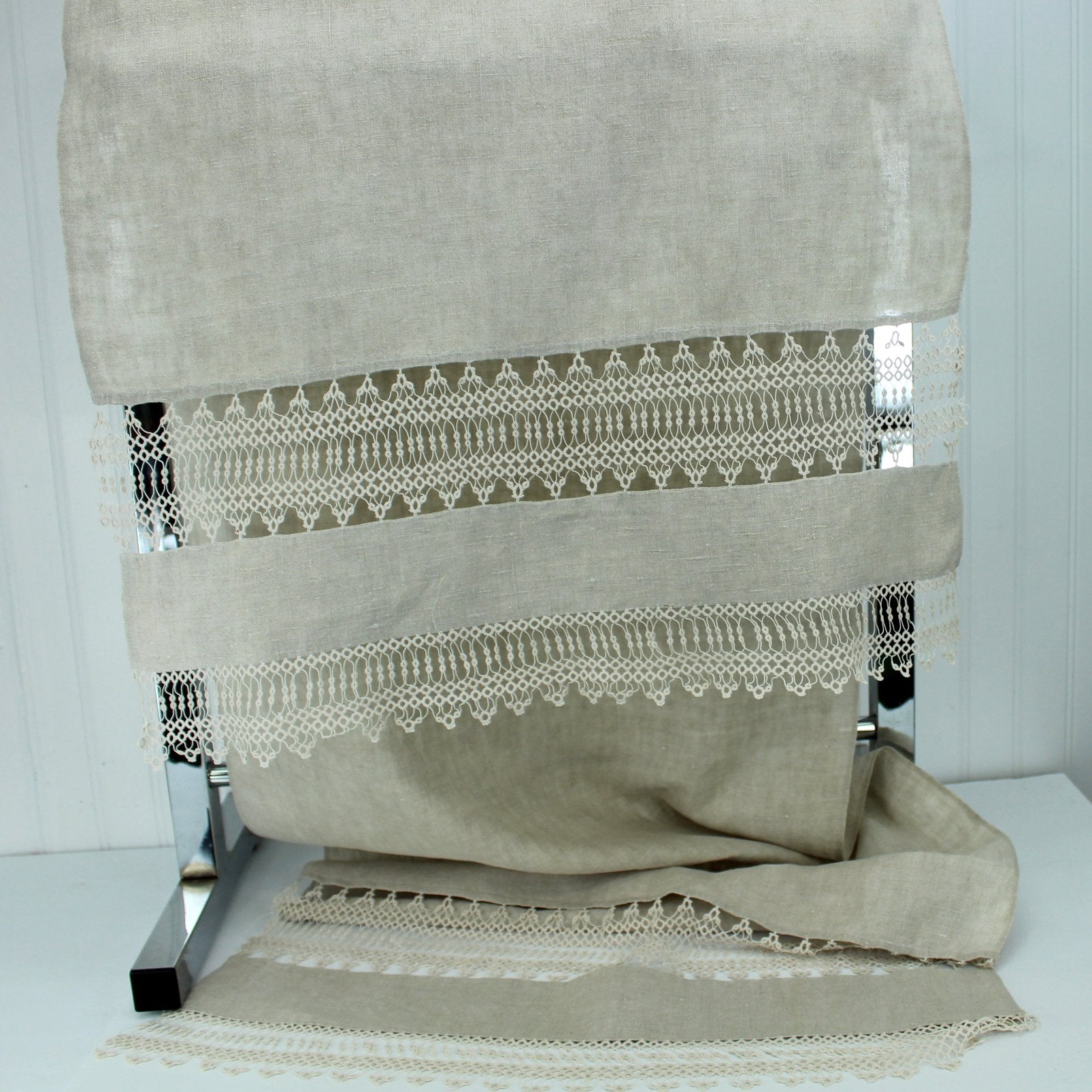 Long Antique Table Runner Natural Linen Double Tatting Inserts Great for Shawl