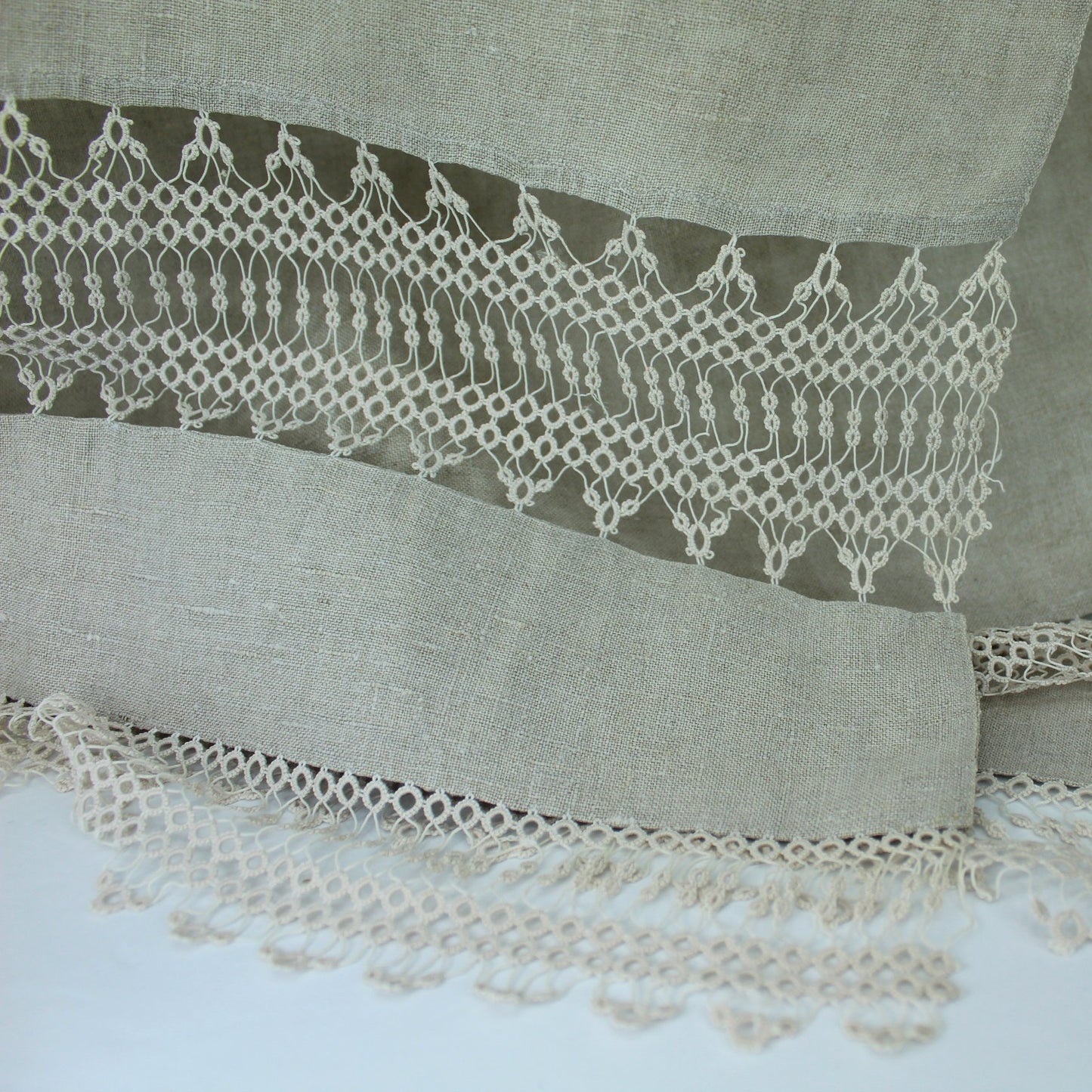 Long Antique Table Runner Natural Linen Double Tatting Inserts Great for Shawl closeup of lace