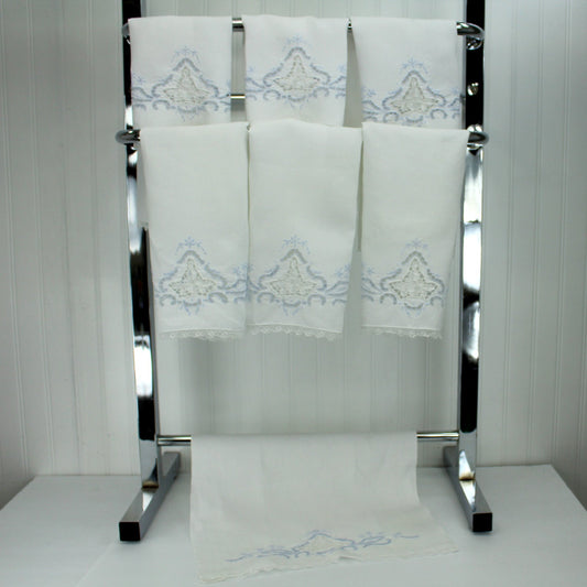 Collection 7 Guest Finger Towels White LInen Blue Embroidery Cutwork DIY Project Repurpose