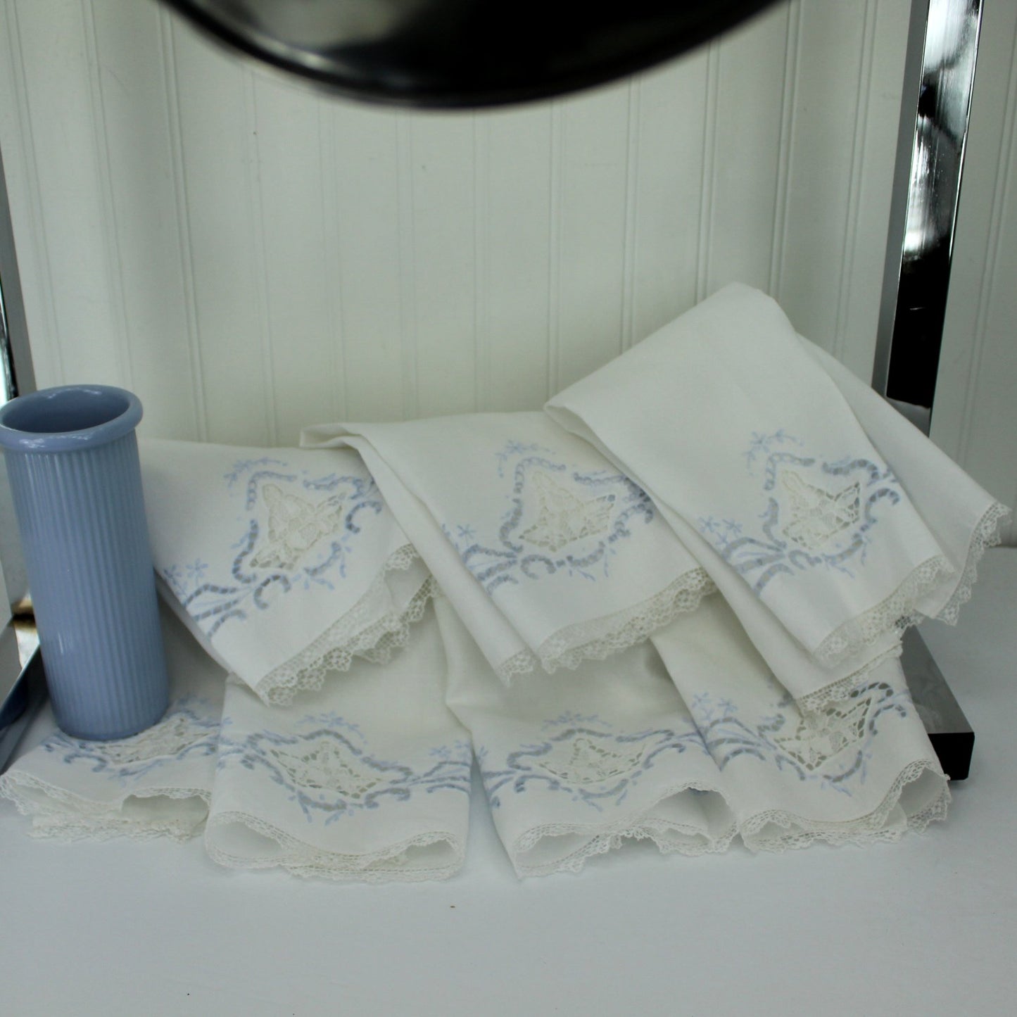 Collection 7 Guest Finger Towels White LInen Blue Embroidery Cutwork DIY Project Repurpose nice collection serene little napkins towels