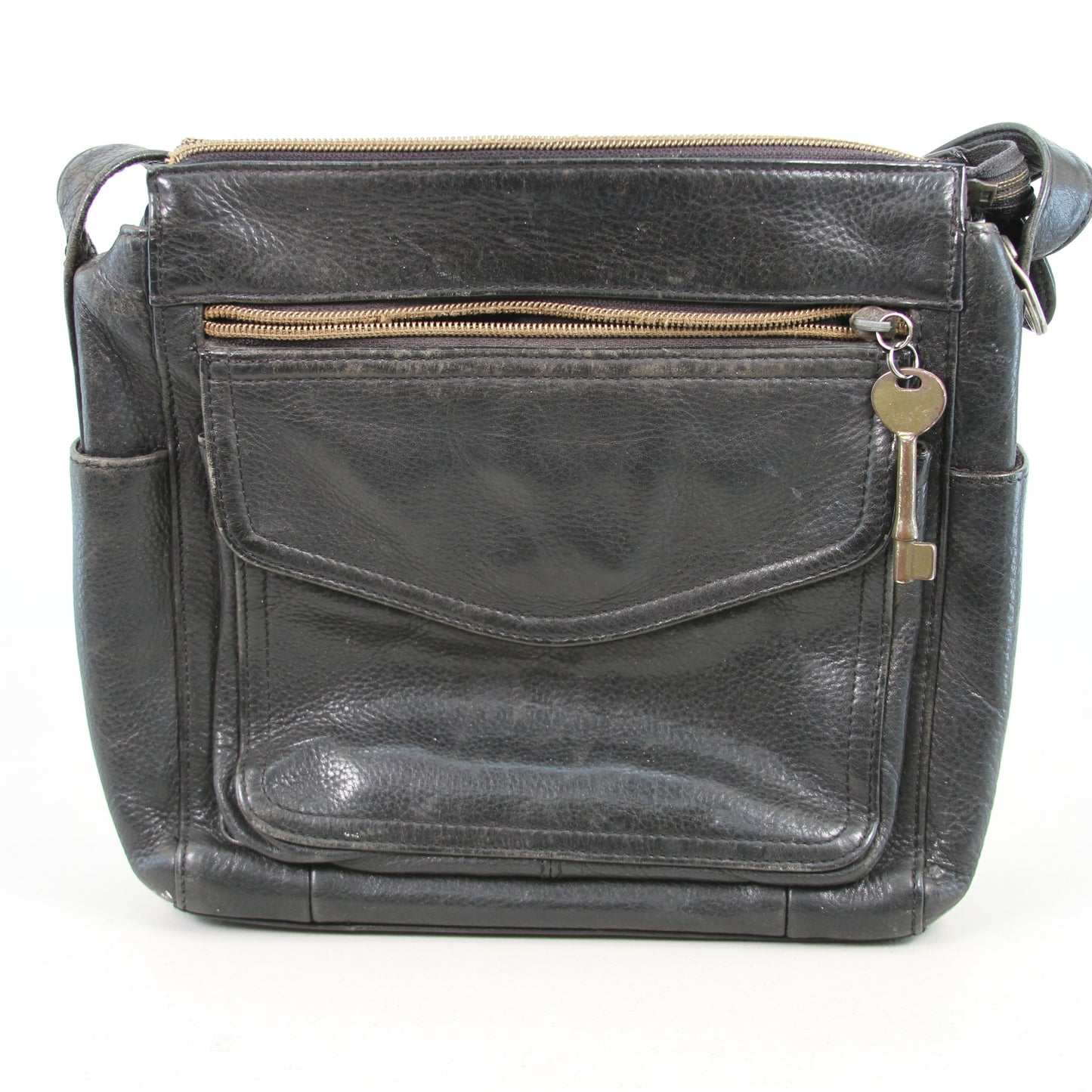 Vtg Fossil 75082 Black Pebbled Leather Shoulder Bag Handbag w/Key
