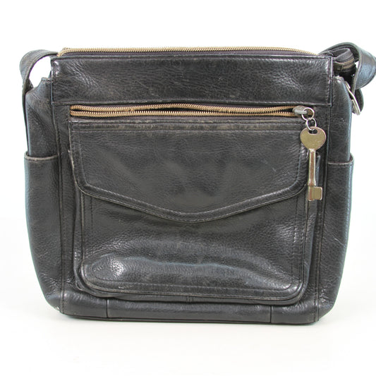 Vtg Fossil 75082 Black Pebbled Leather Shoulder Bag Handbag w/Key
