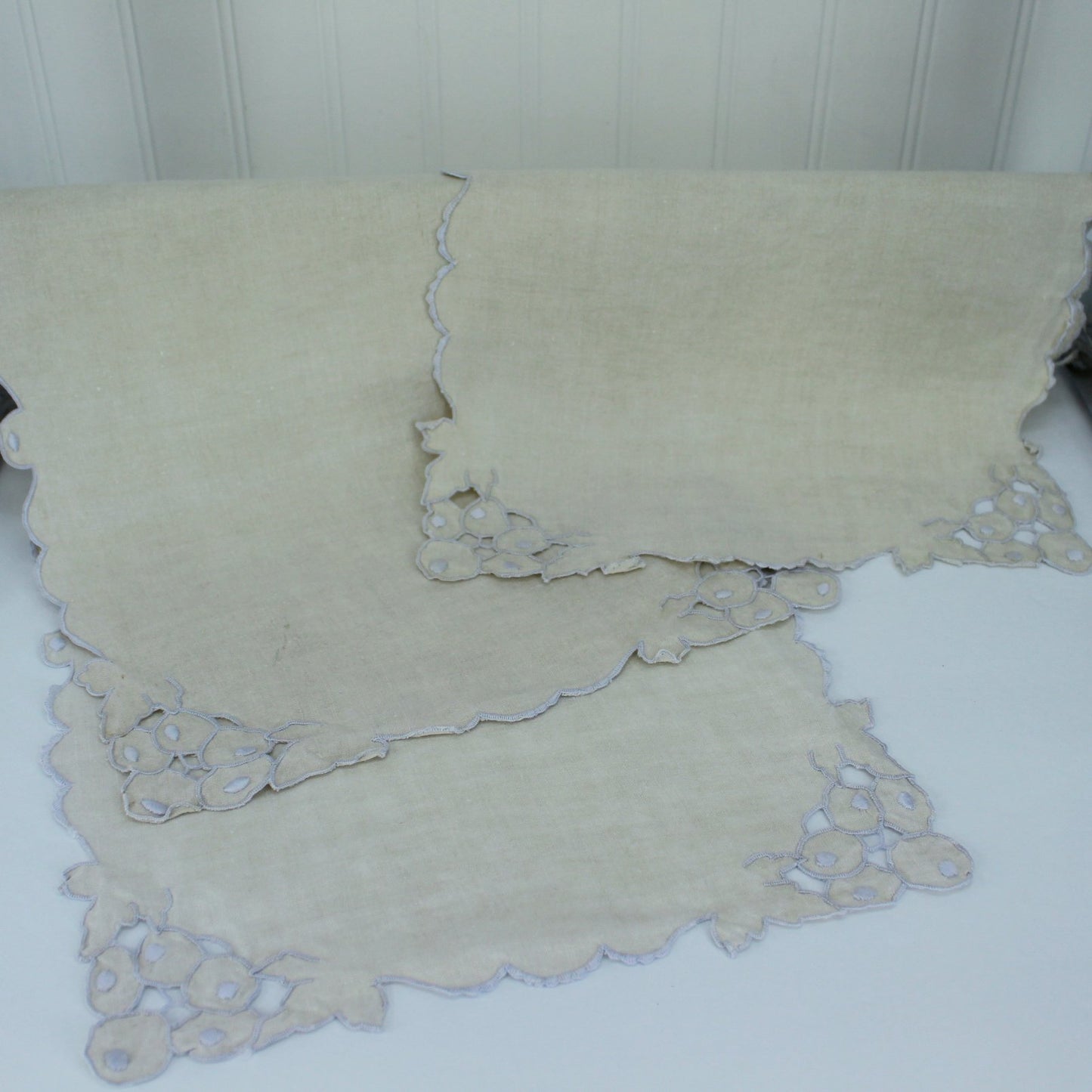 Set 3 Natural Linen Place Mats Pale Blue Openwork Satin Stitch Embroidery