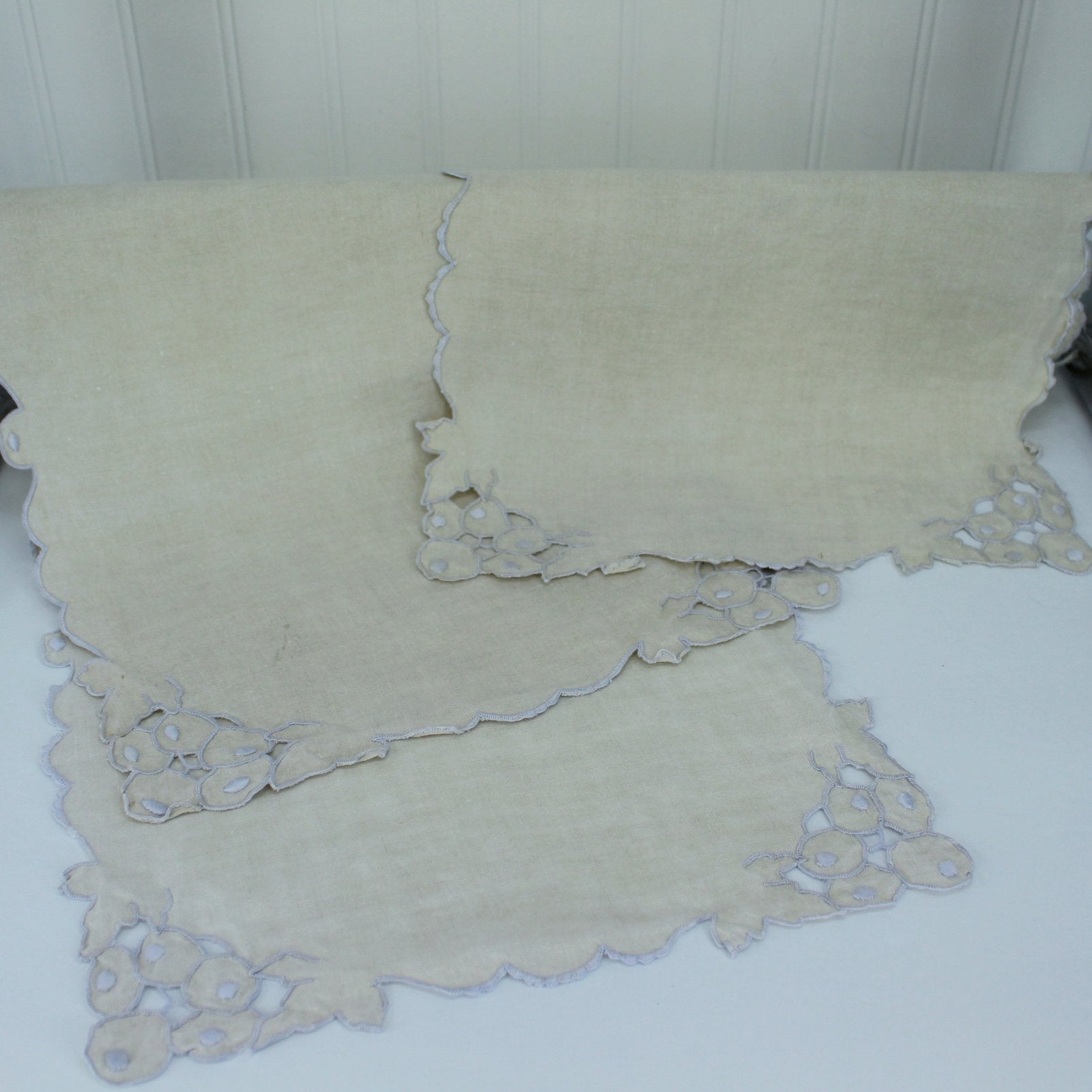 Set 3 Natural Linen Place Mats Pale Blue Openwork Satin Stitch Embroidery