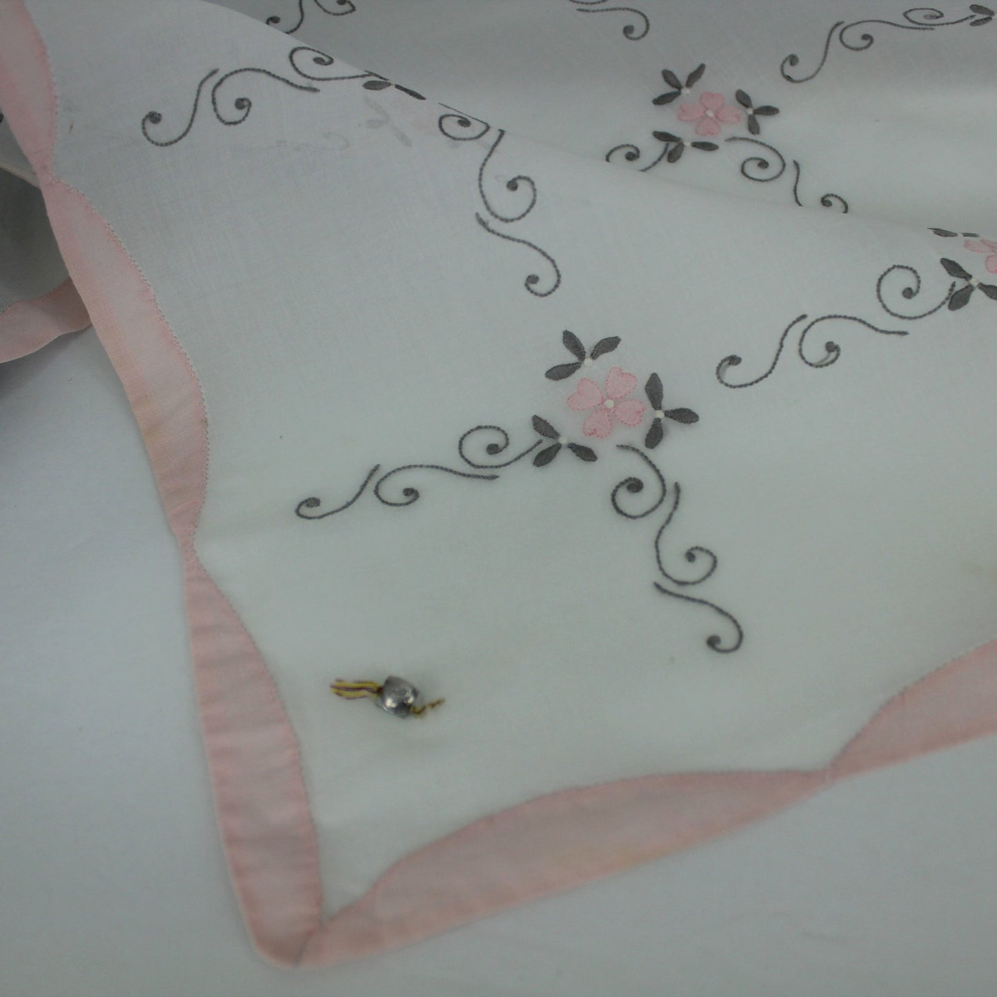 Elegant Small White Organdy Table Cloth Embroidery Pink Flower Applique Metal Label "I"
