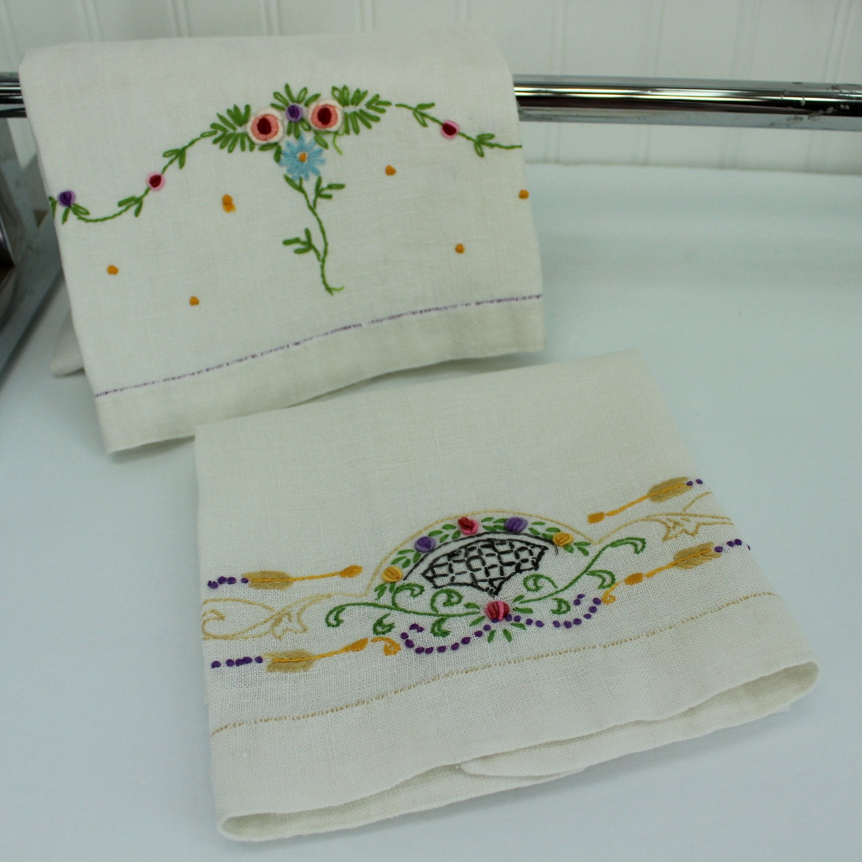 Pair Vintage Linen Hand Towels Exquisite Dimensional Embroidery 1940s similar towels hand made