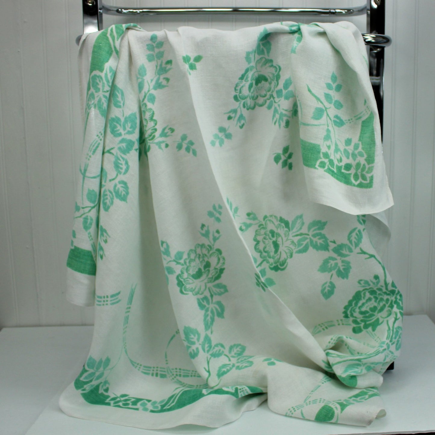 MCM Tablecloth 1950s Green White Print Linen